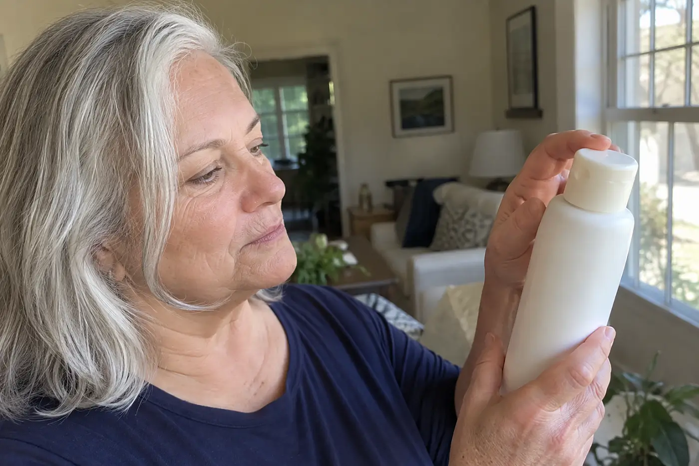 An older woman checks the seller details for a Pronexa shampoo bottle on her phone while standing in her living room.