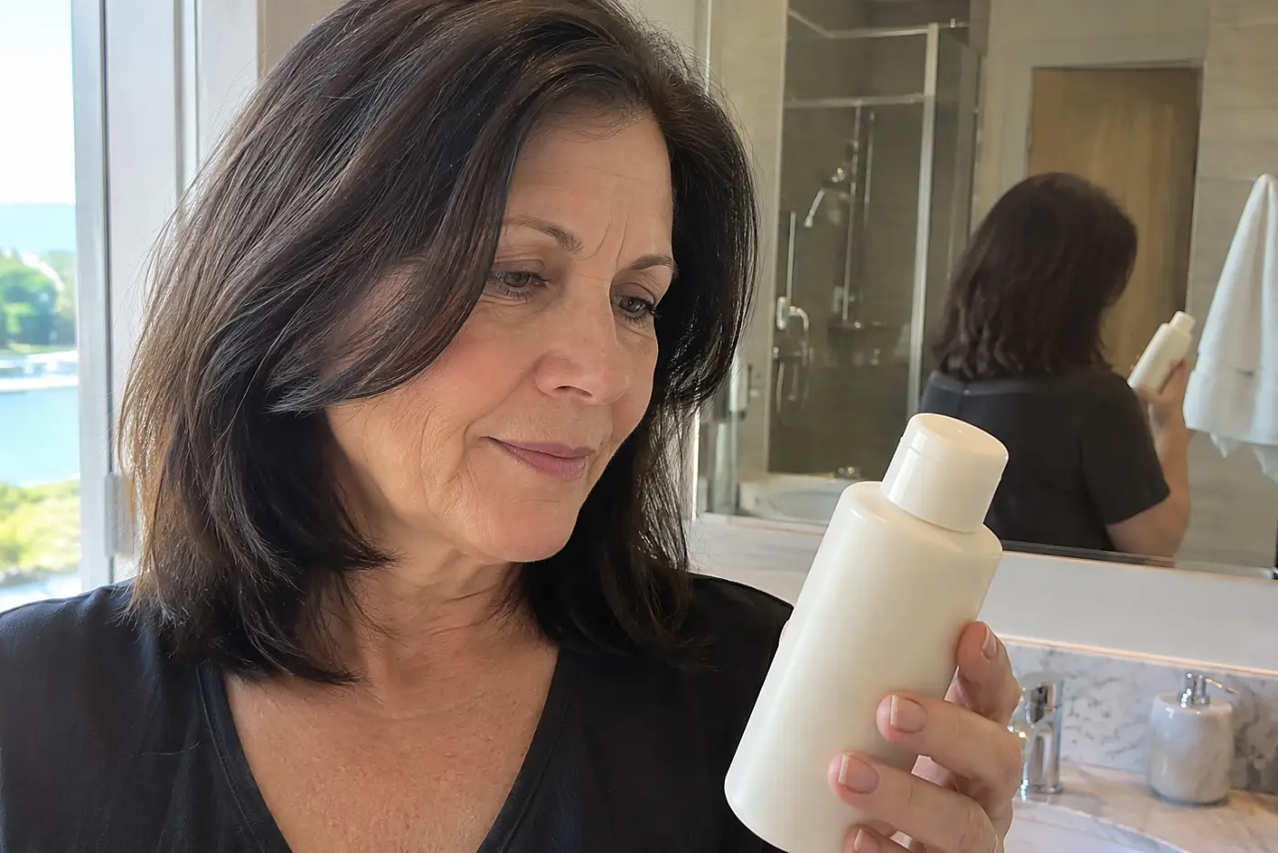 An older woman examines a Kérastase shampoo bottle beside the sink in a hotel bathroom.
