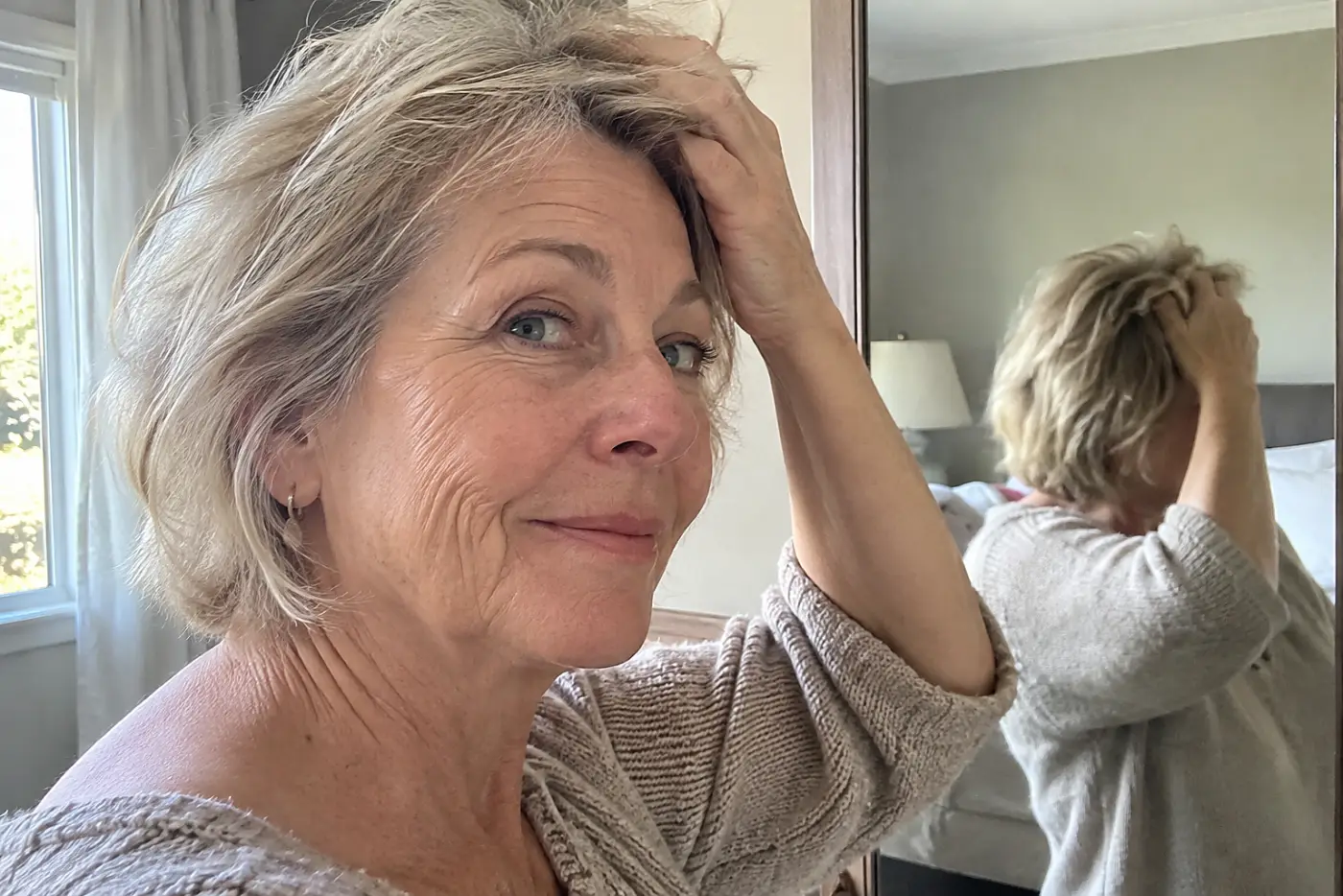 An older woman runs her fingers through her fine hair beside a bedroom mirror.