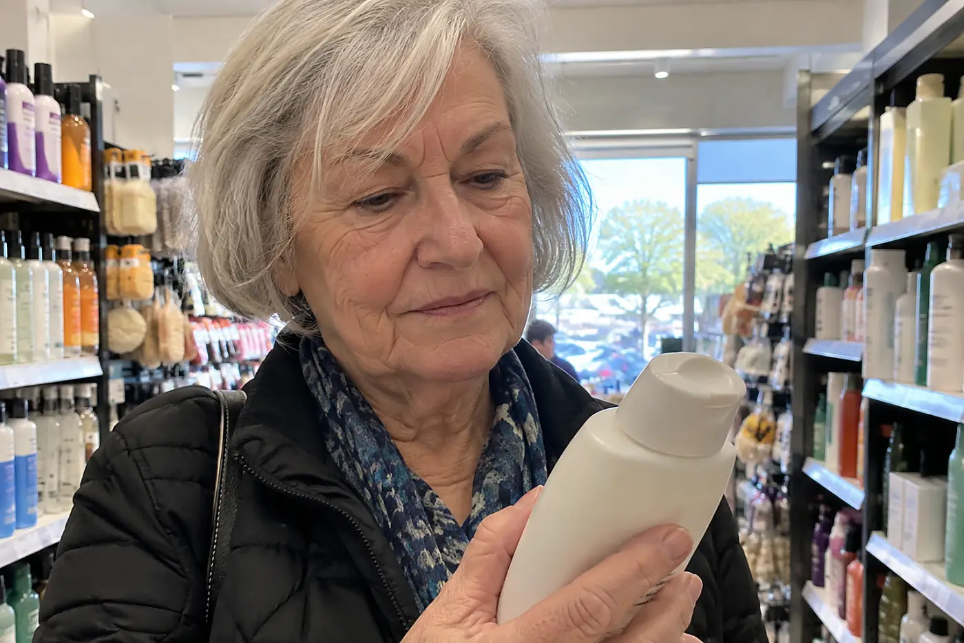 An older woman checks the system number on a Nioxin bottle in a drugstore aisle.
