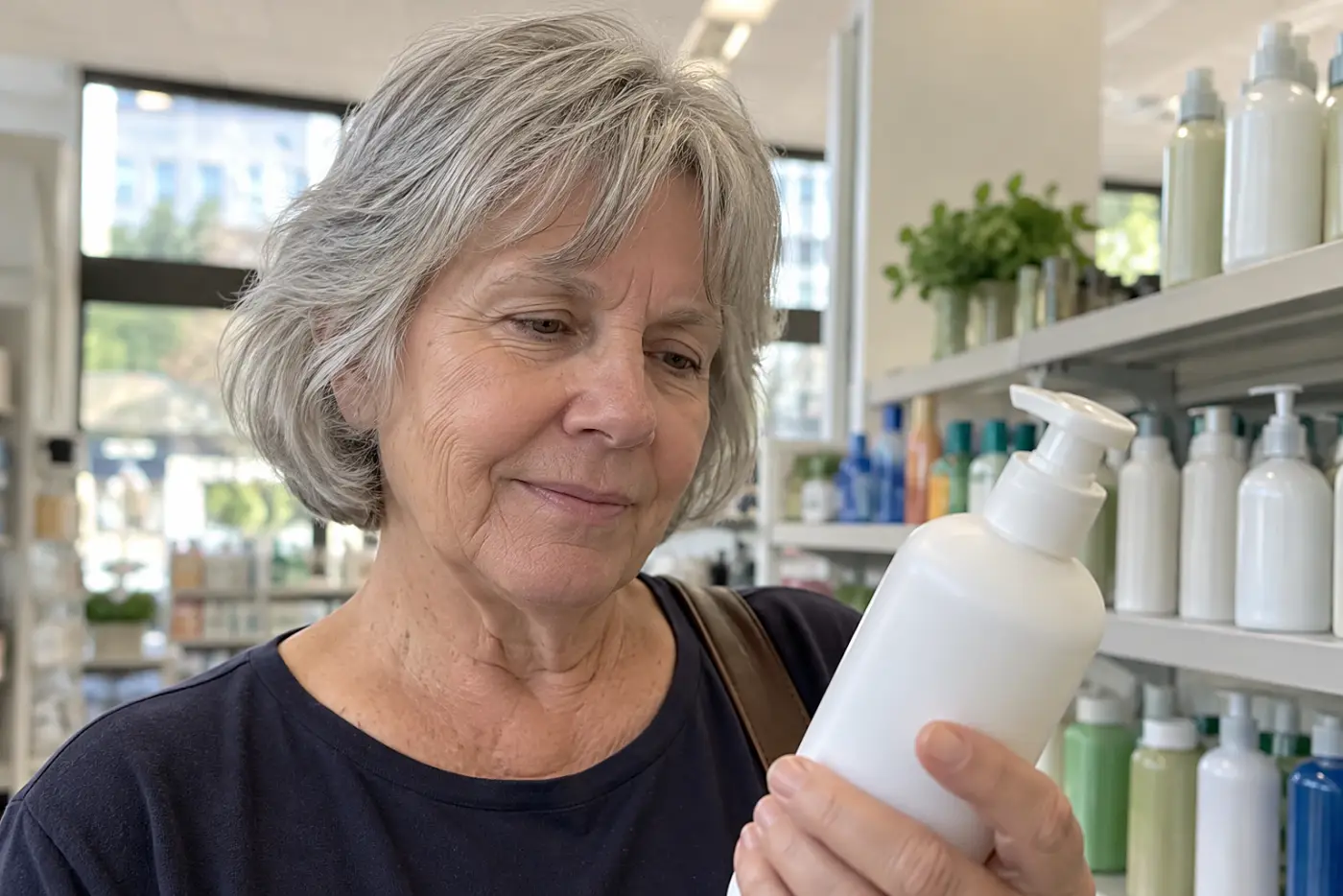 An older woman studies a fragrance-free SEEN bottle in a pharmacy aisle.