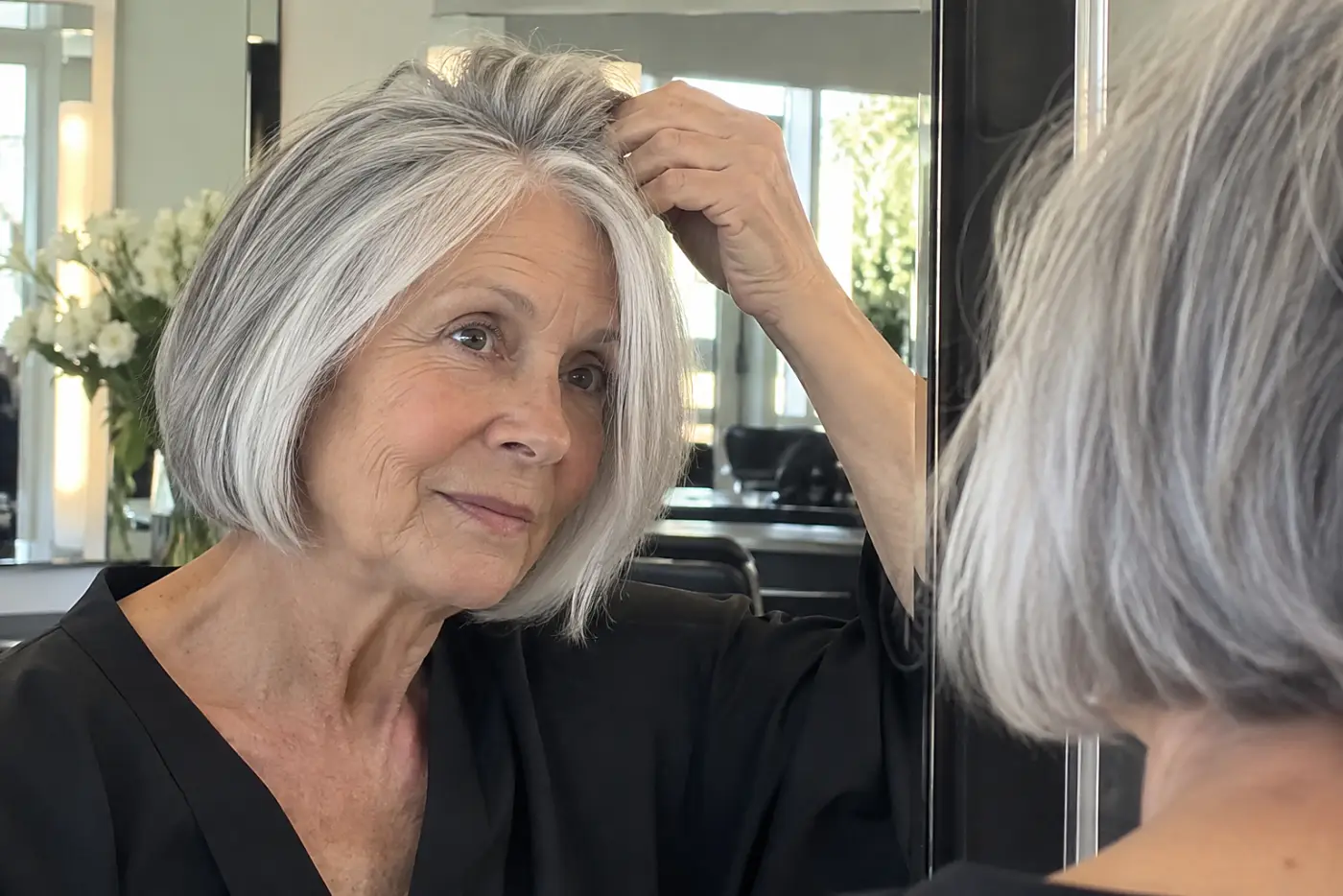 An older woman checks her silver hair in the mirror at a salon station.