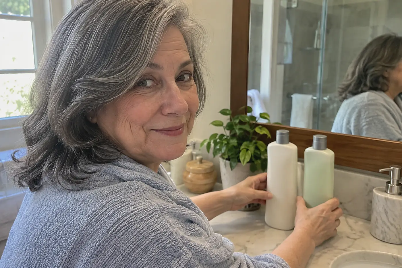 An older woman sets a L’Oréal Elvive bottle next to her usual shampoo on a bathroom counter.