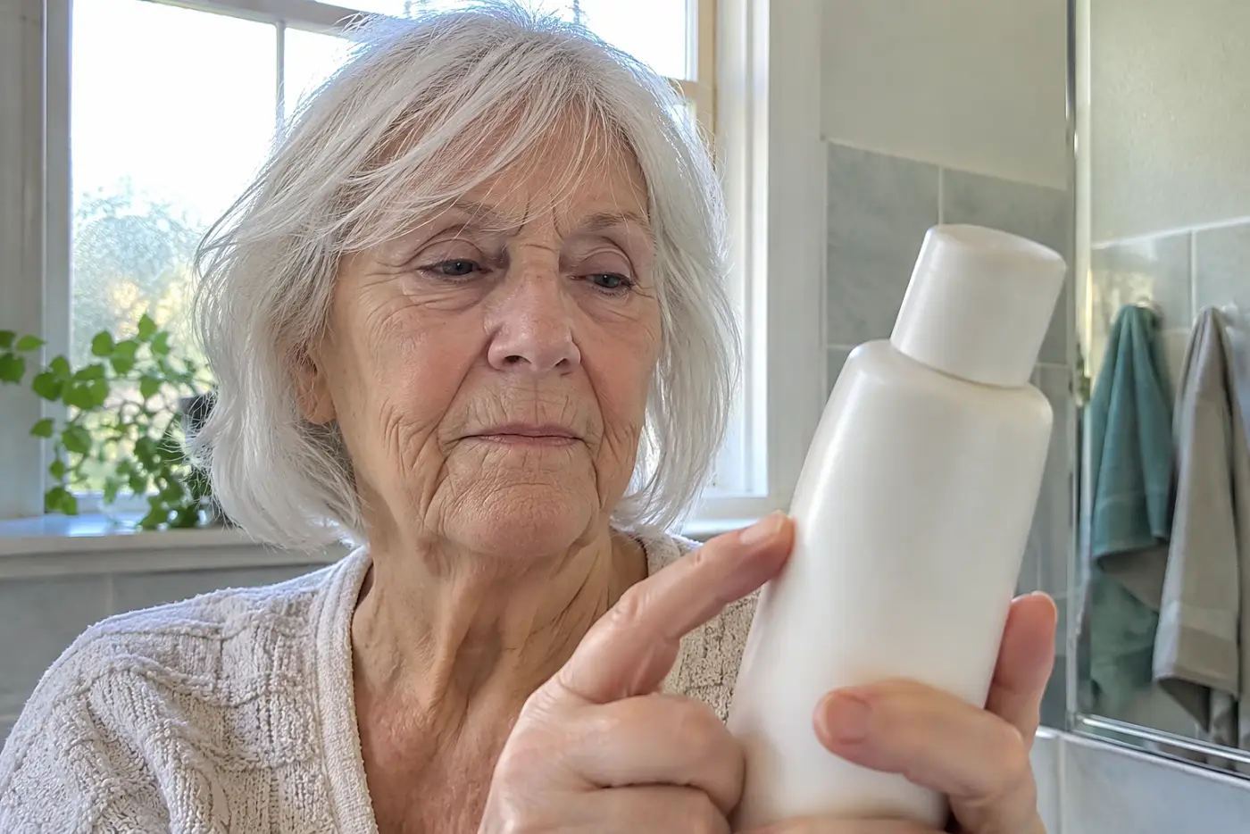 An older woman reads the ingredient label on a Hair Surge bottle beside a bathroom window.