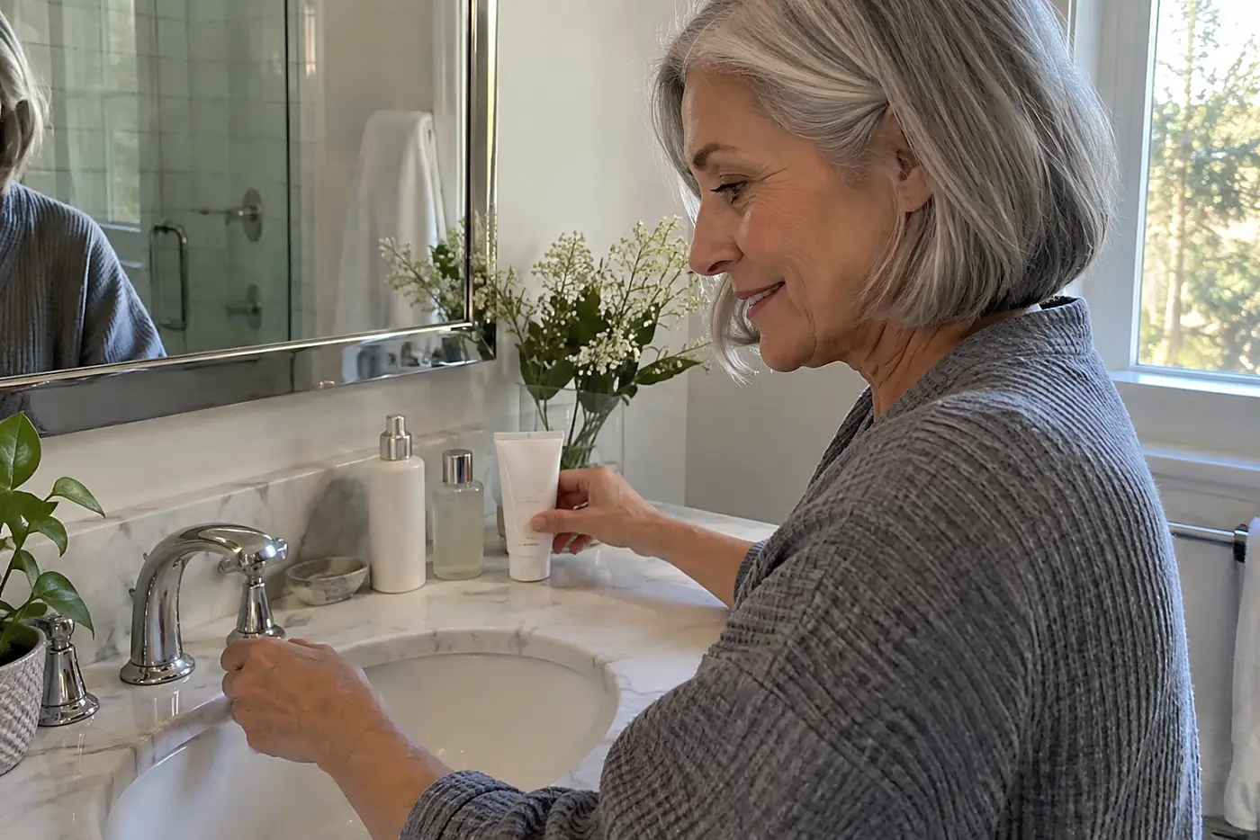 Older woman placing sunscreen beside her morning skin-care products on a bathroom counter.