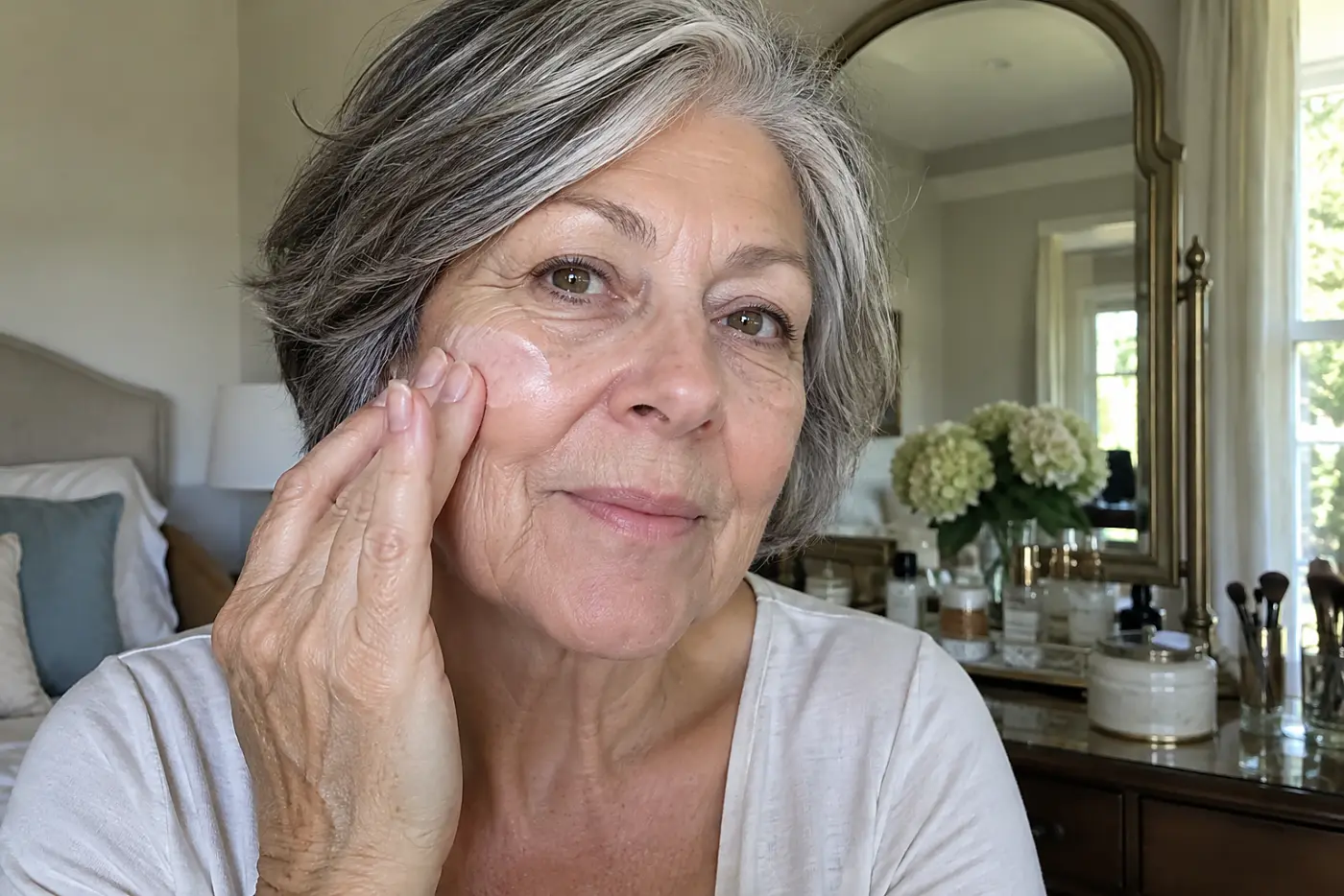Older woman blending face primer over moisturizer at her vanity.