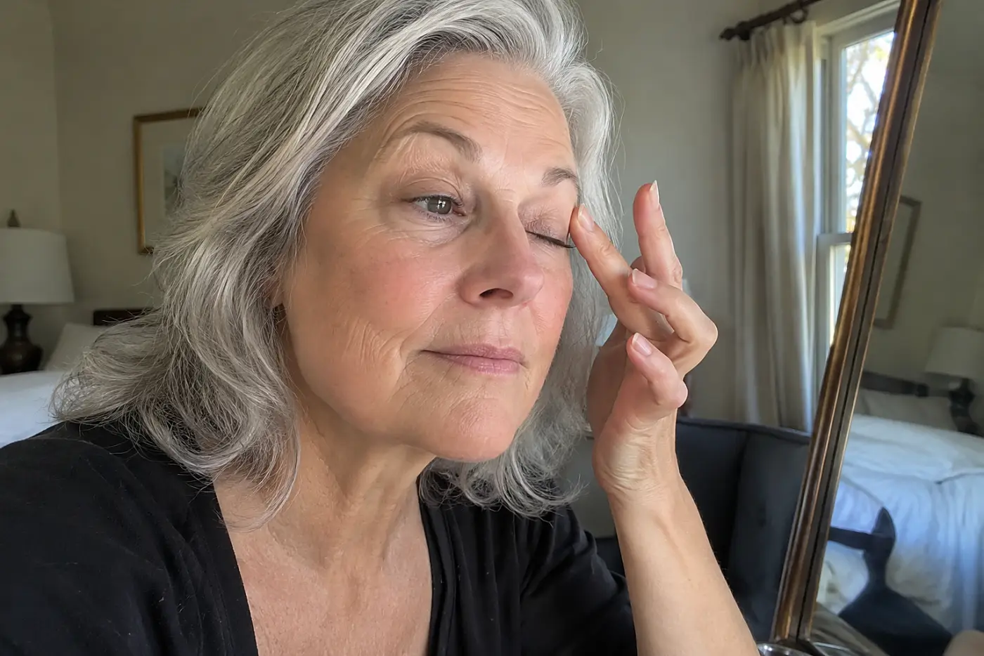 Older woman applying eyelid primer before a bedroom mirror.