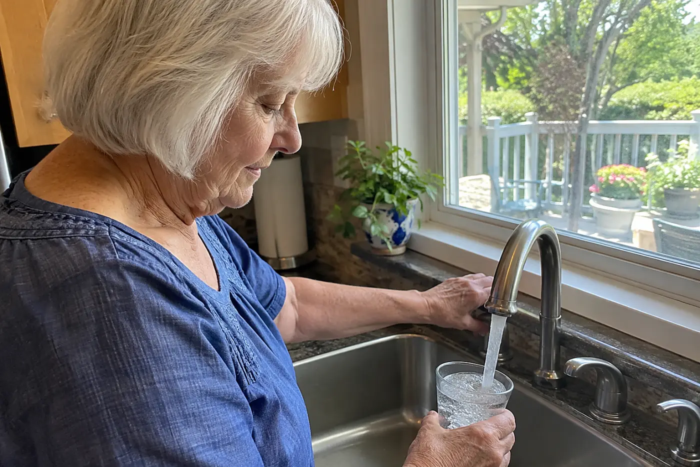 Older woman filling a water glass at her kitchen sink.