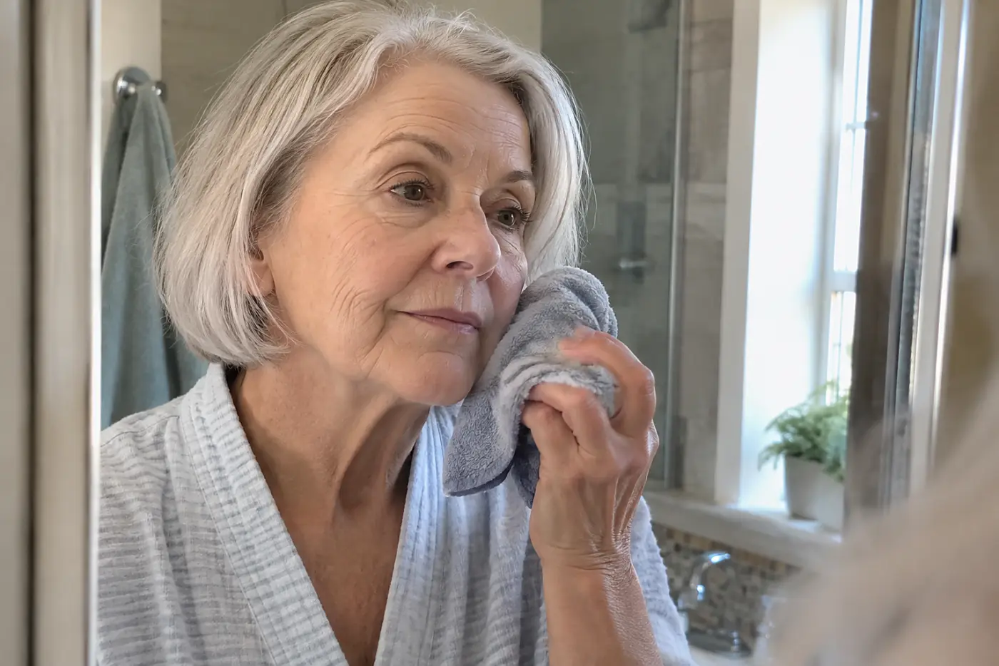 Older woman lifting a washcloth carefully toward her cheek at a bathroom sink.