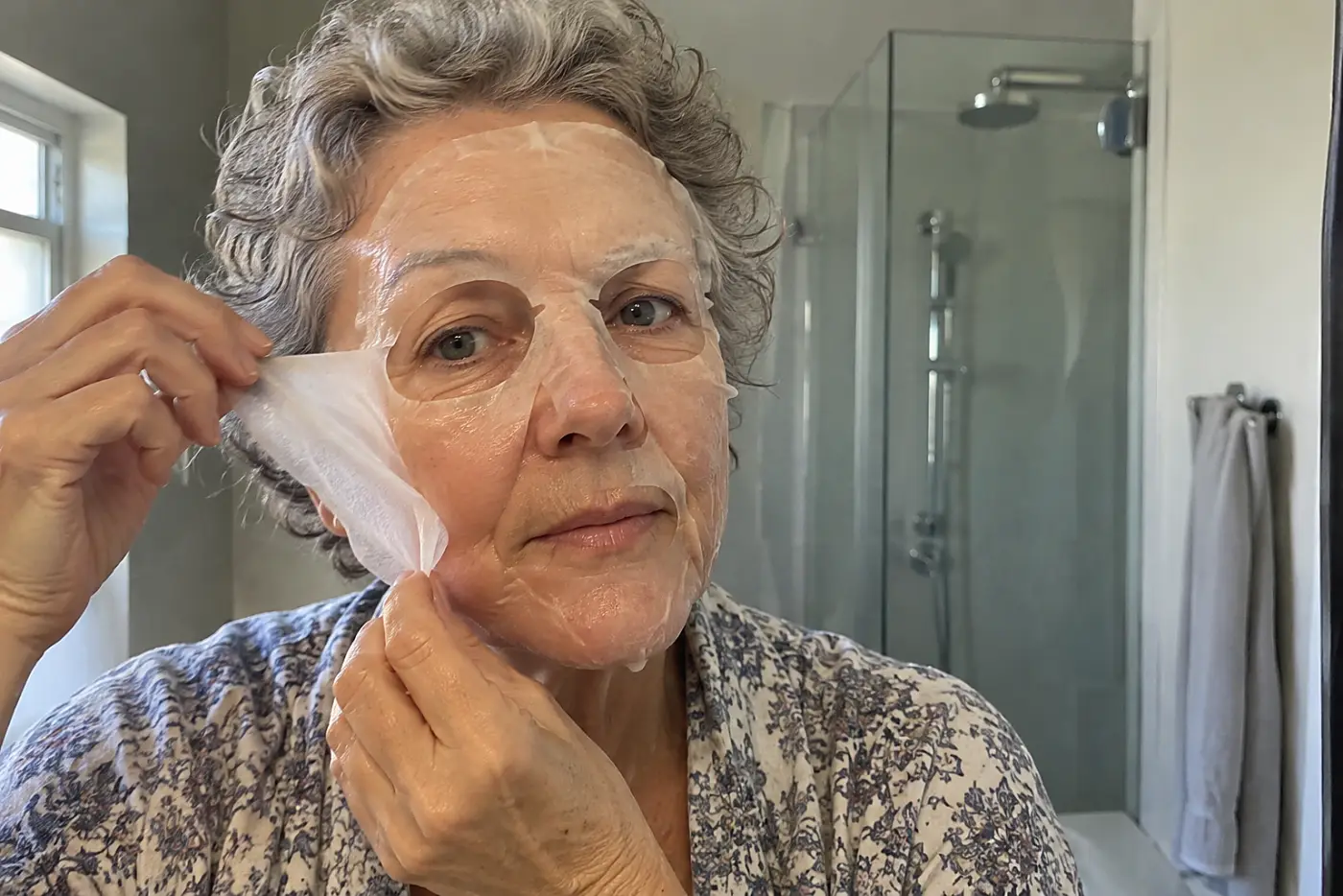 Older woman removing a sheet mask in a bathroom mirror.