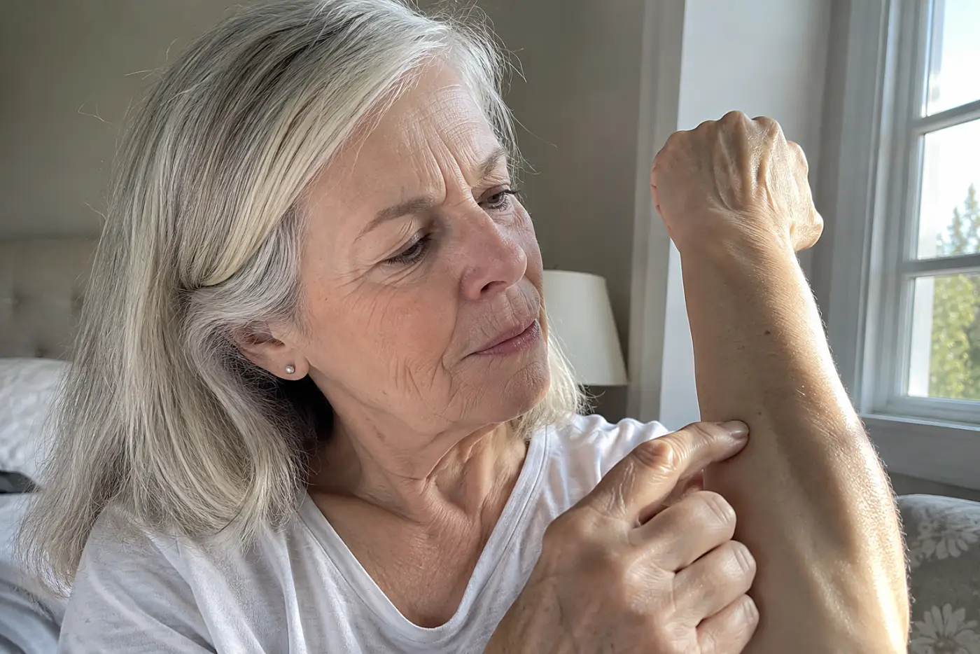 Older woman examining a spot on her forearm beside a bedroom window.