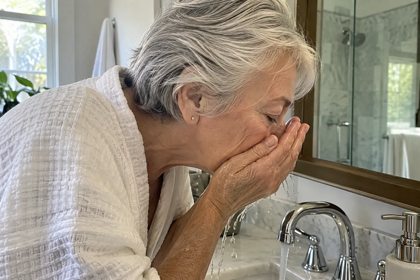 Older woman rinsing her face at a bathroom sink.