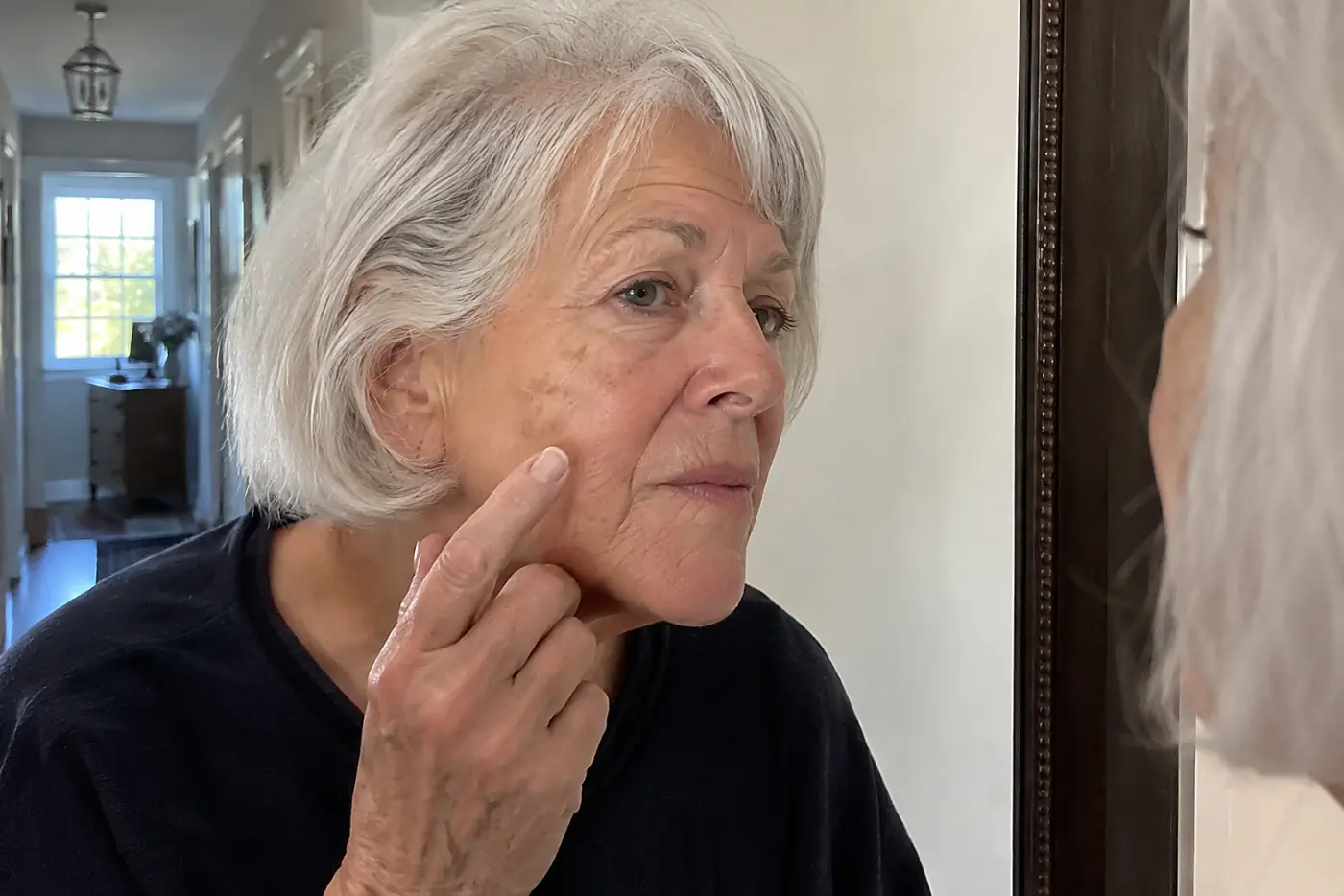 Older woman examining her cheek in a hallway mirror.