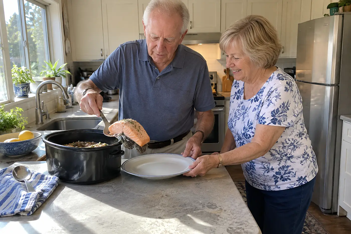 A woman lifts a salmon fillet from broth at a kitchen counter.