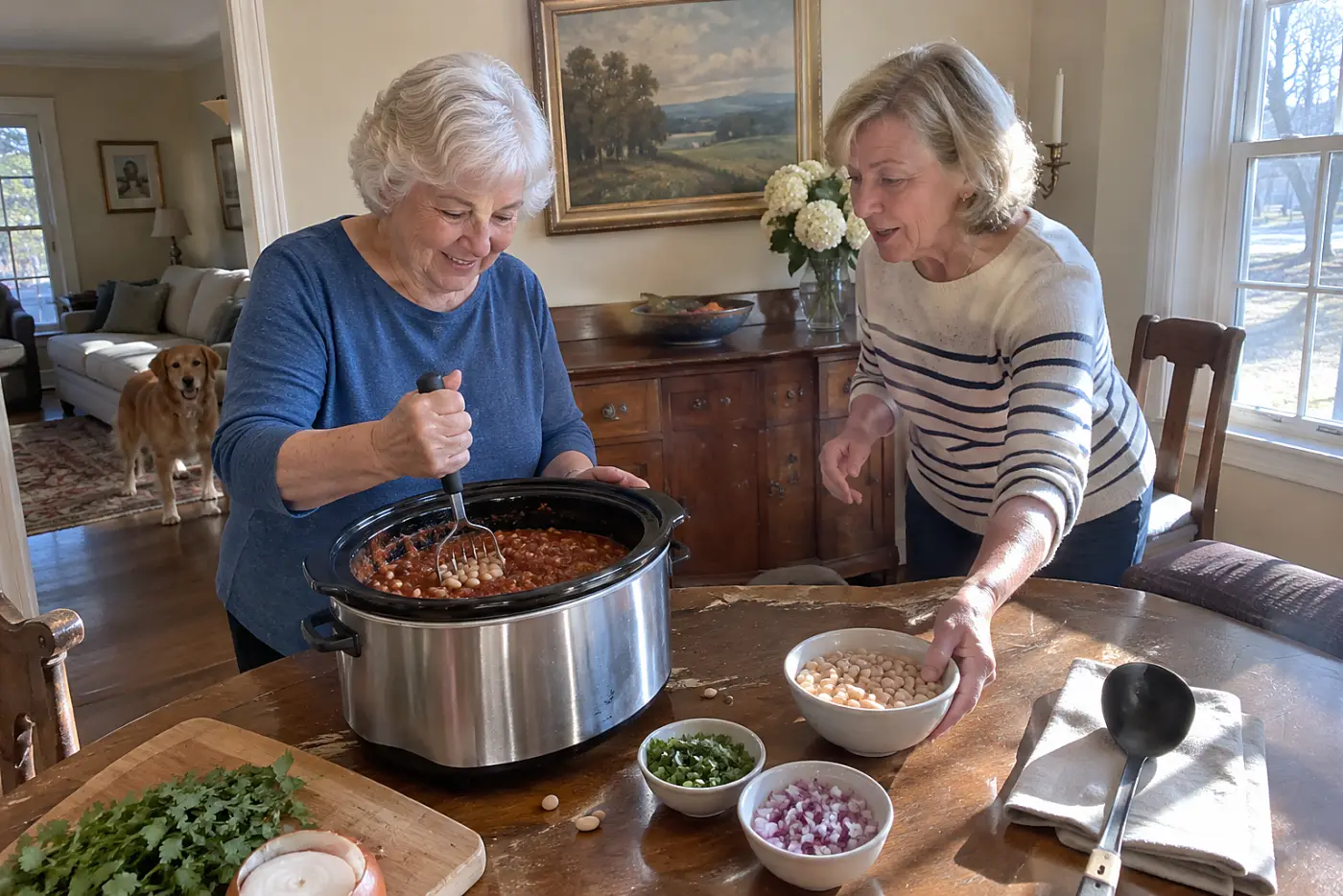 A man mashes beans into chili beside a slow cooker in a garage kitchenette.