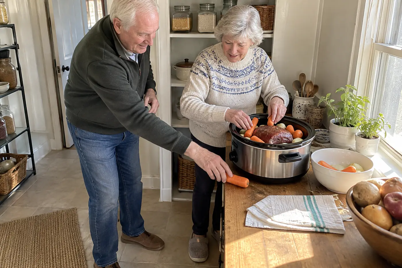 A woman brings two plates of pot roast from a dining room sideboard.