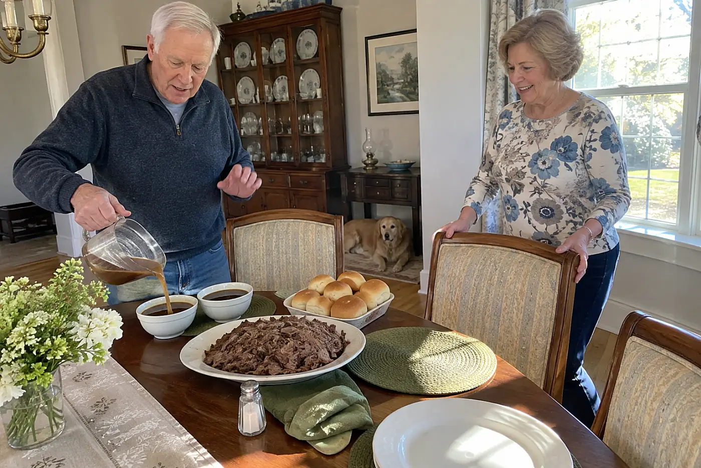 A man carries two French dip sandwiches and bowls of broth from a kitchen doorway.