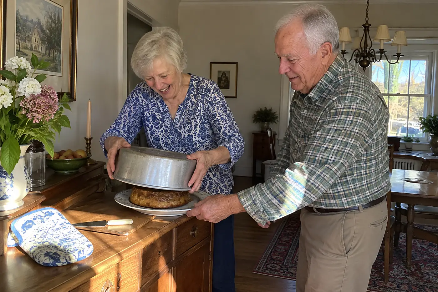 A man scoops apple cake into two bowls beside a living room cabinet.