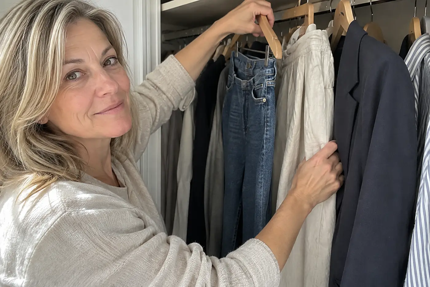 A woman hangs jeans, linen trousers, and a blazer together inside her closet.