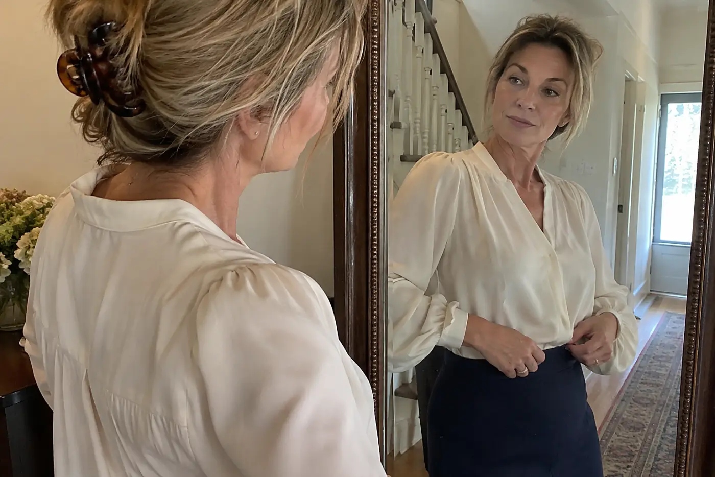 A woman tucks an ivory blouse into a navy skirt in front of a hall mirror.