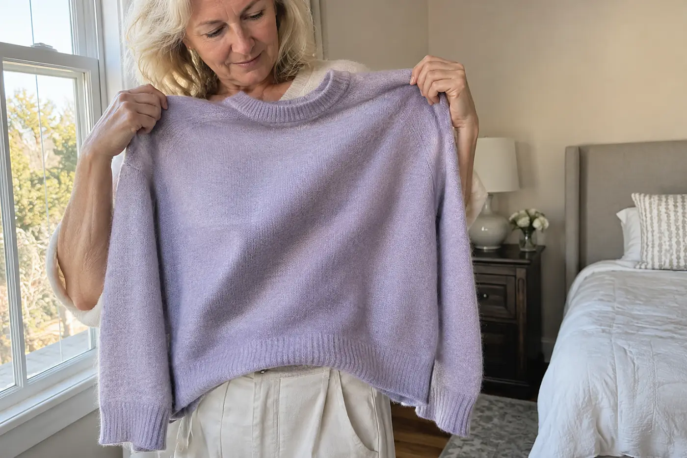 A woman holds a pastel sweater against cream trousers by a bedroom window.