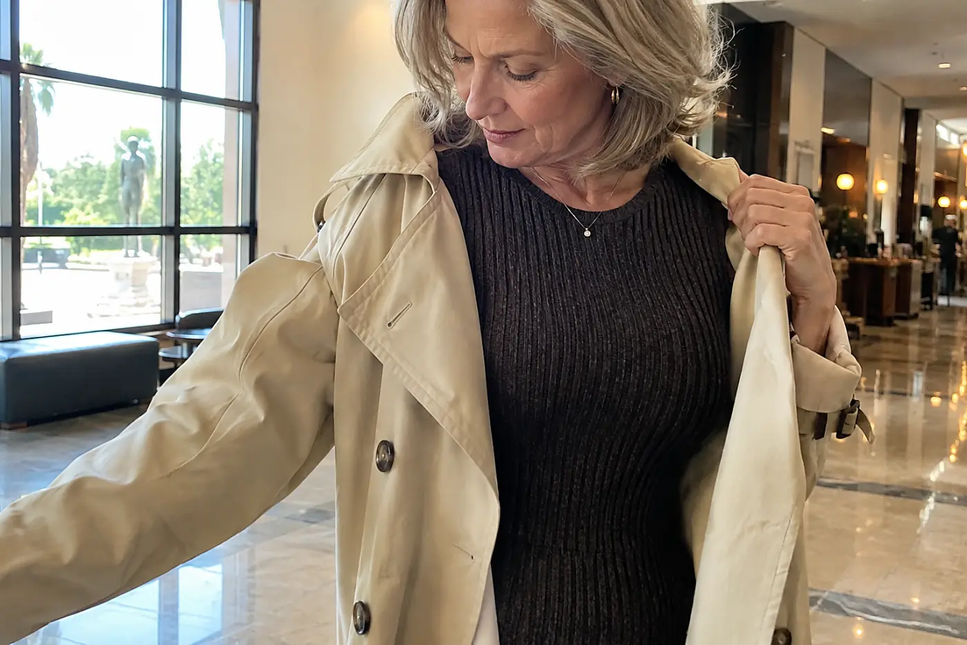 A woman takes off a trench coat over a knit dress in a theater lobby.