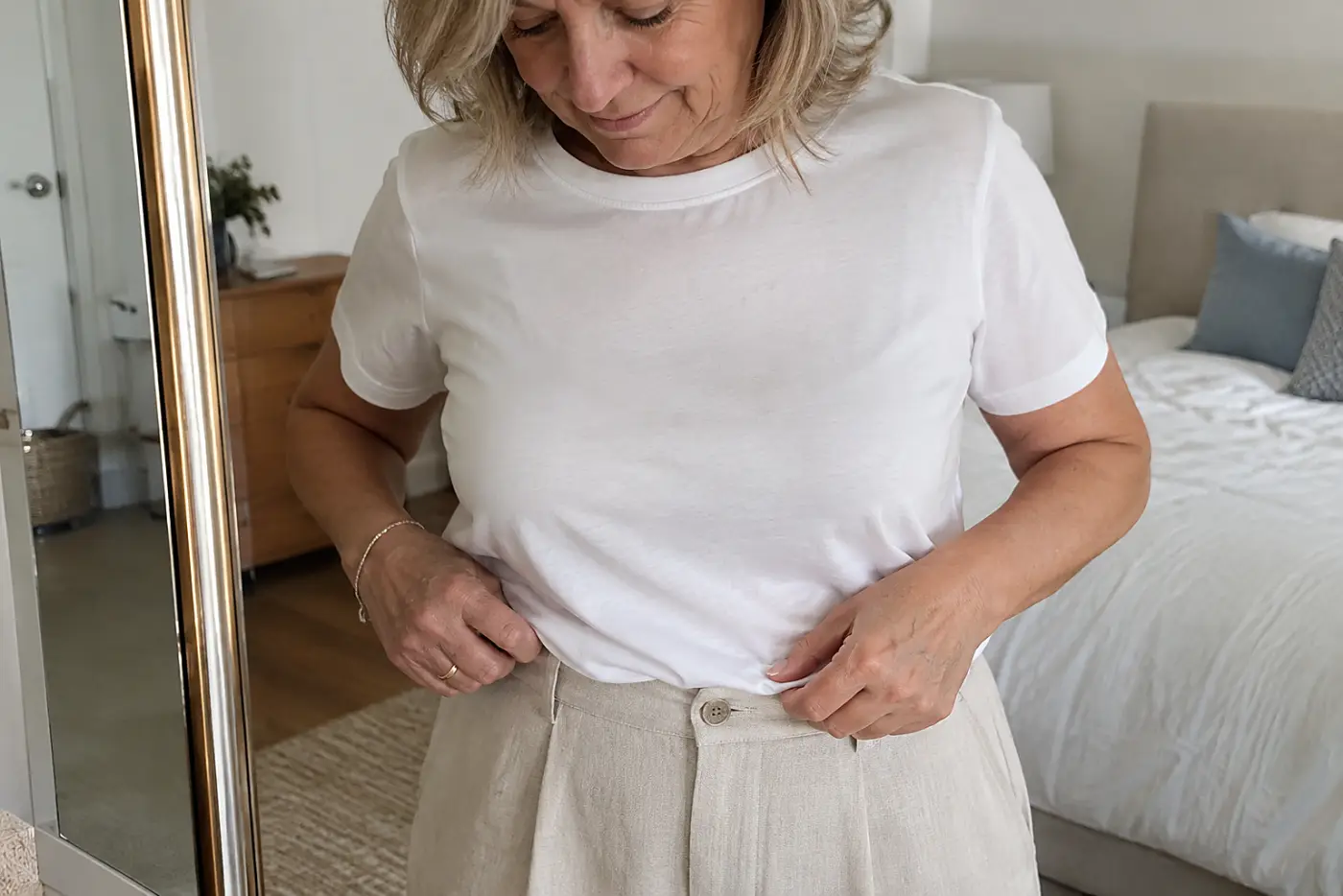 A woman tucks the front of a white tee into linen trousers beside her bedroom mirror.