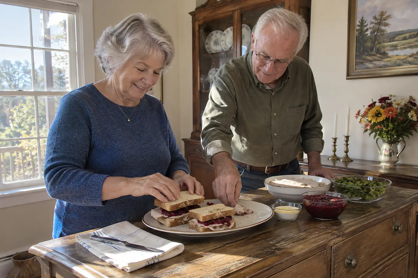 Woman closes two turkey and cranberry sandwiches at a dining room sideboard.