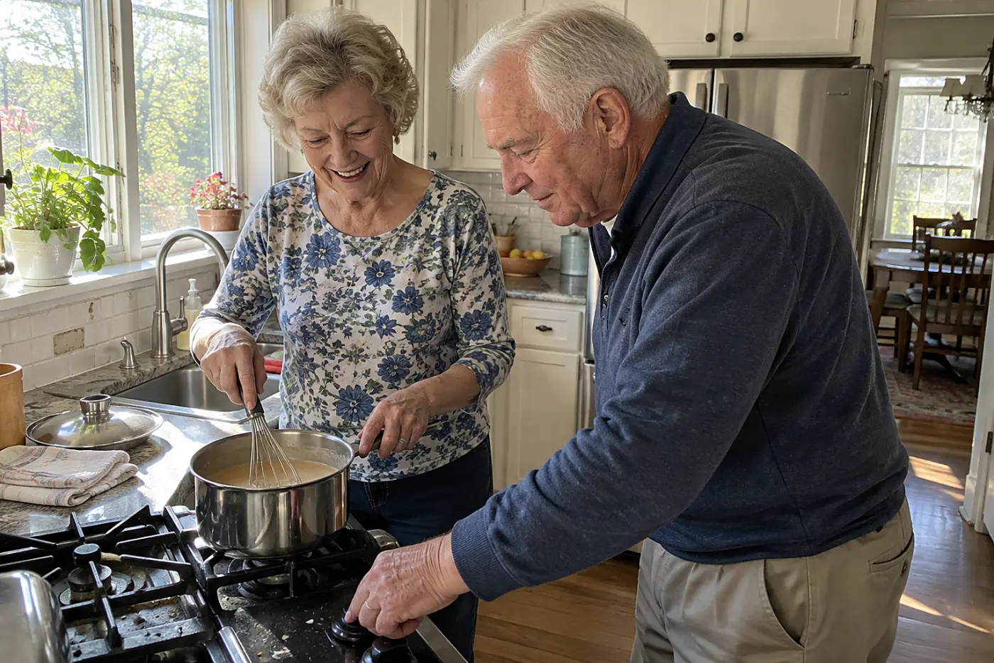 Woman whisks gravy in a saucepan beside a kitchen window.