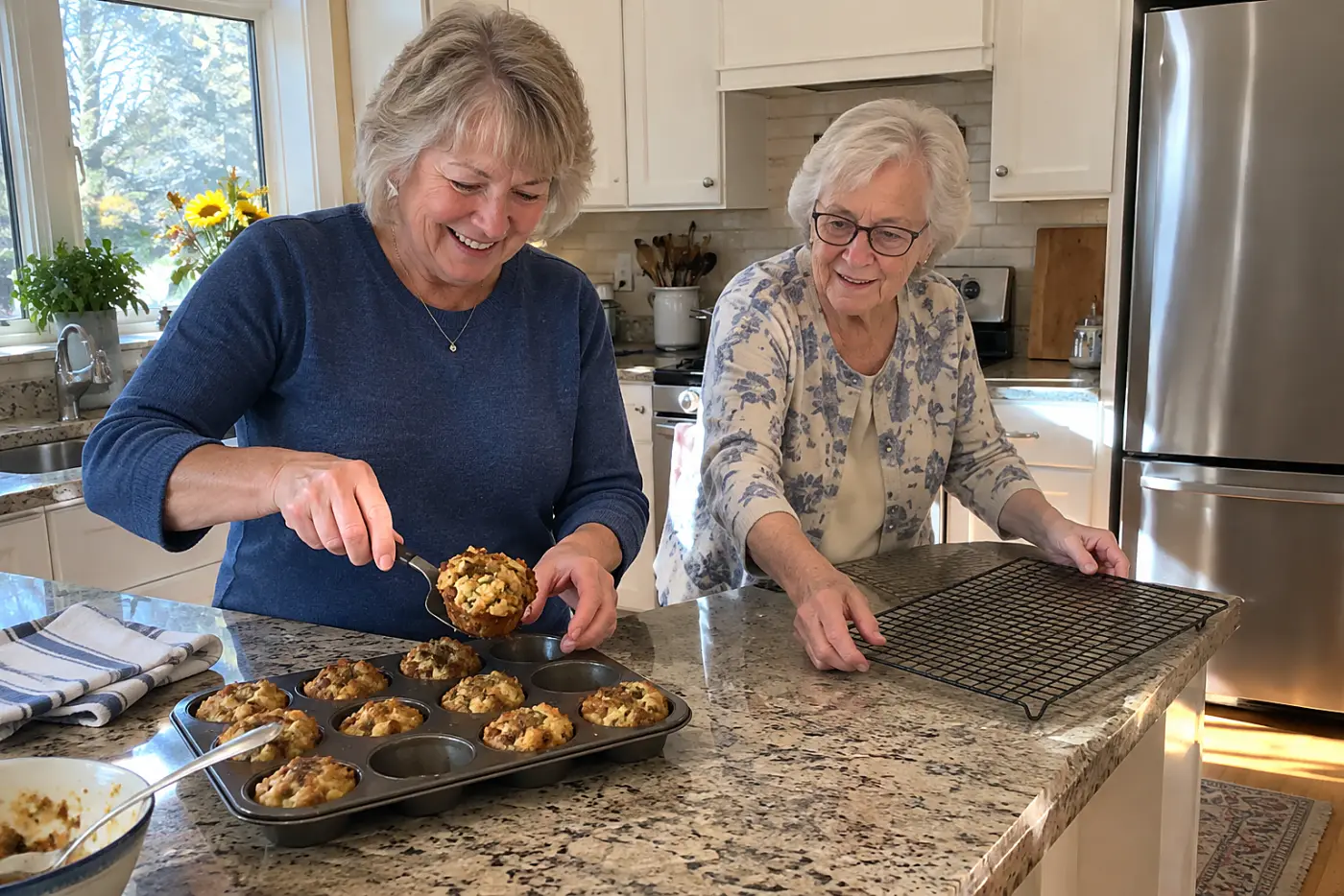 Woman lifts a browned stuffing muffin from a tin at a kitchen counter.