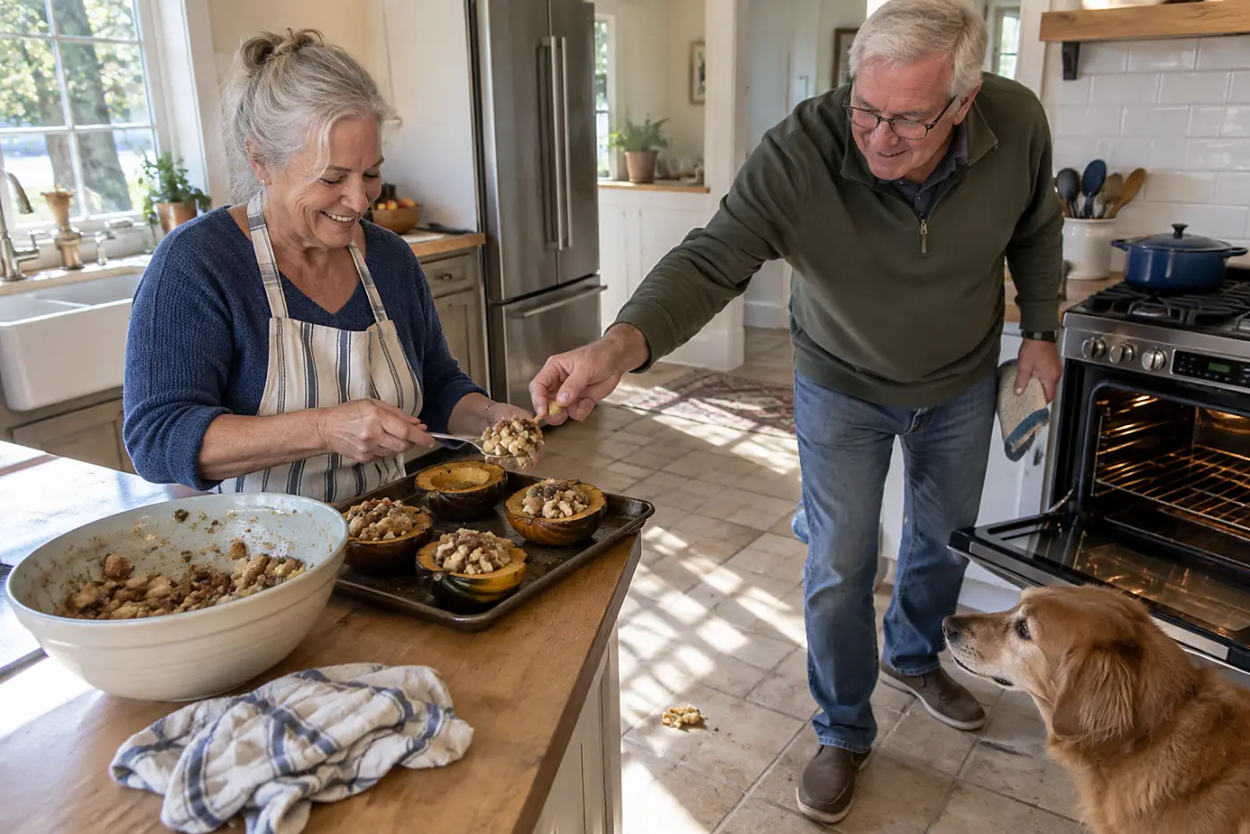 Woman fills roasted squash halves with bread and beans beside an open oven.