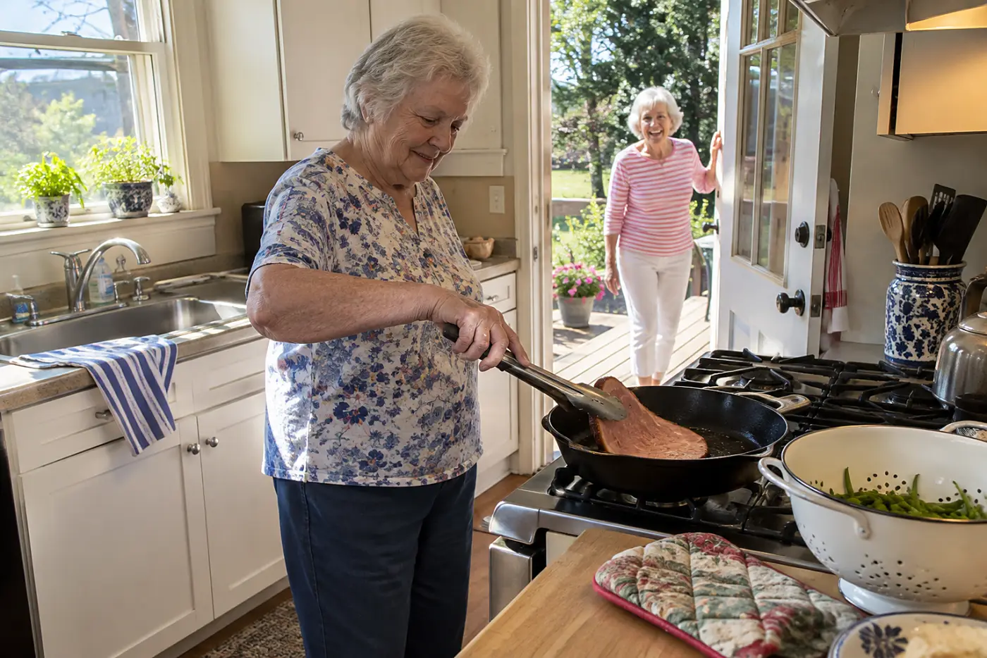 Woman turns a ham steak in a skillet at a stove.
