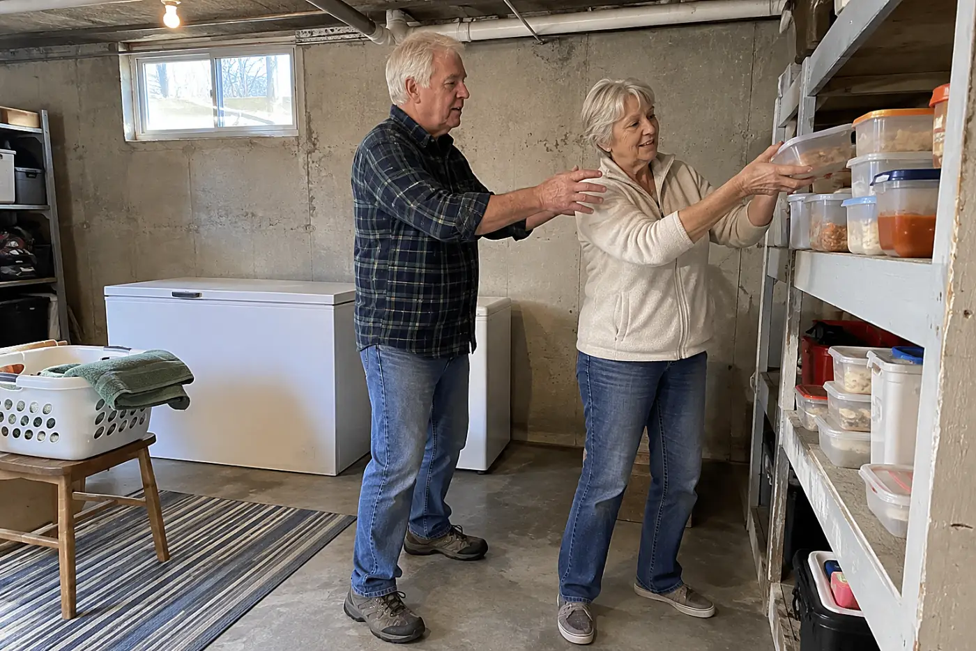 Woman stacks labeled leftover containers on a basement freezer shelf.