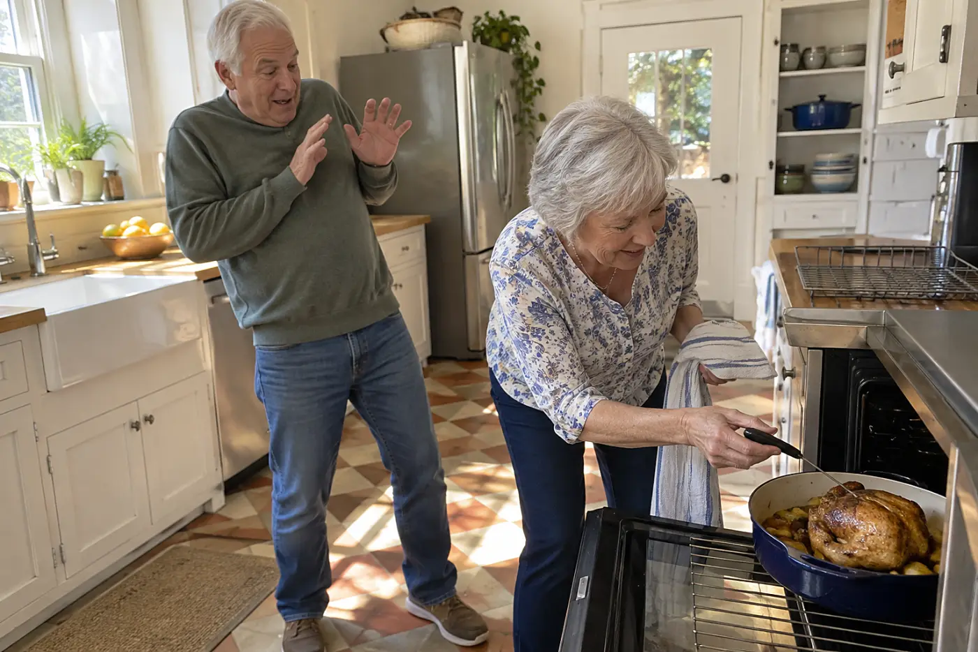 Woman checks the temperature of a roasted Cornish hen beside an open oven.