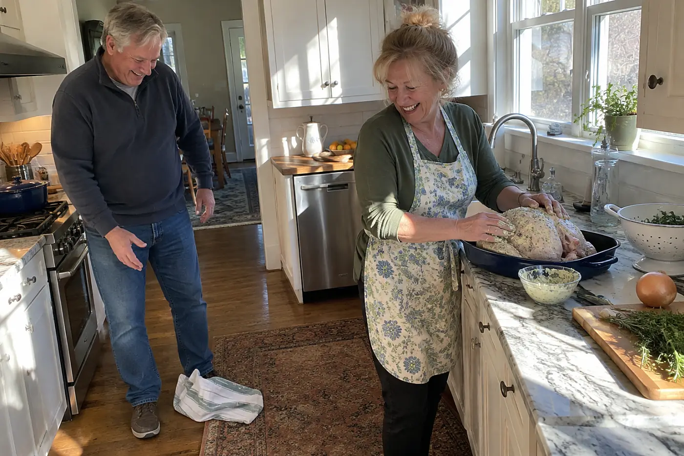Older woman rubs herb butter over a bone-in turkey breast beside the sink in her kitchen.
