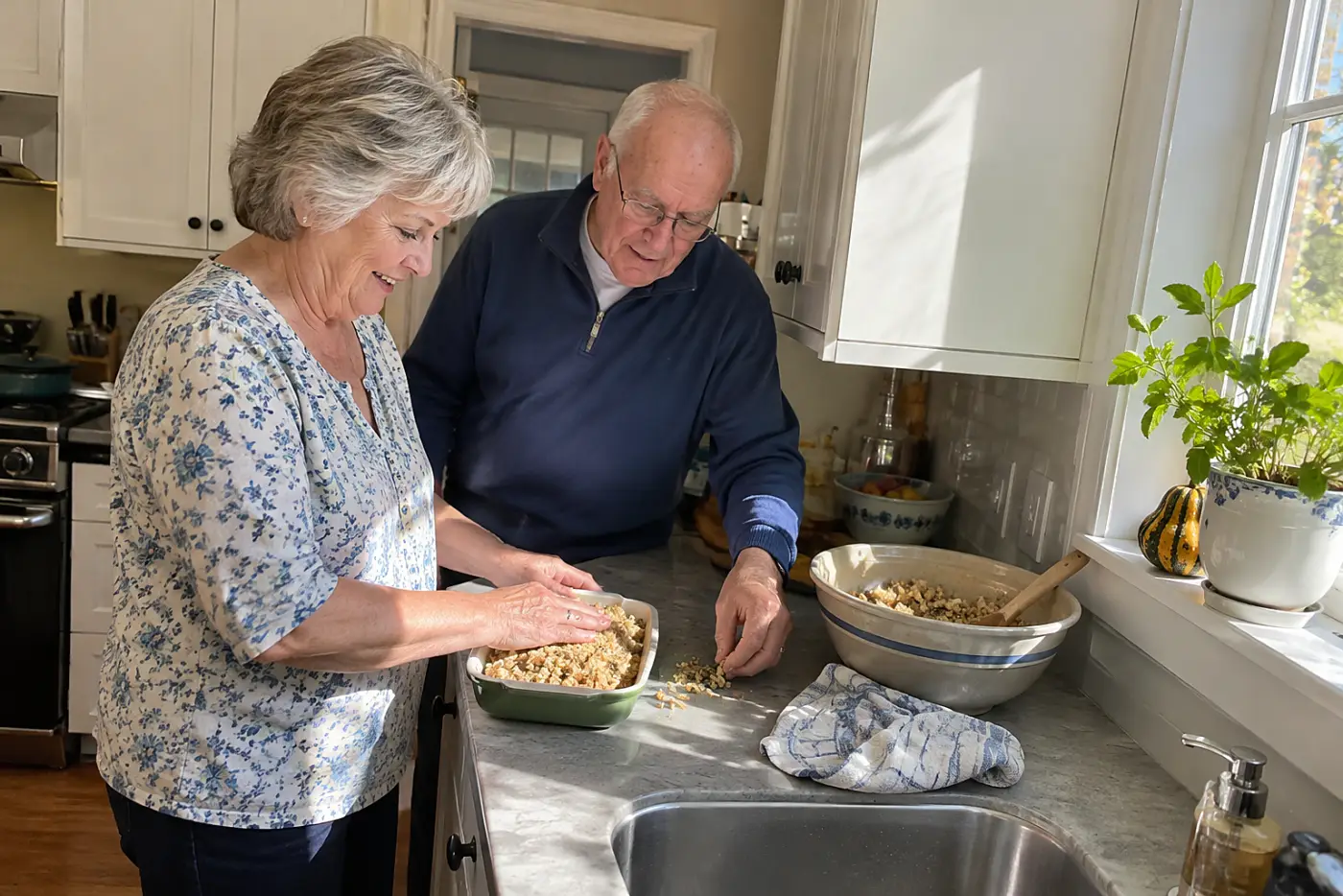 Woman presses a half-batch of stuffing into a small dish at a counter.