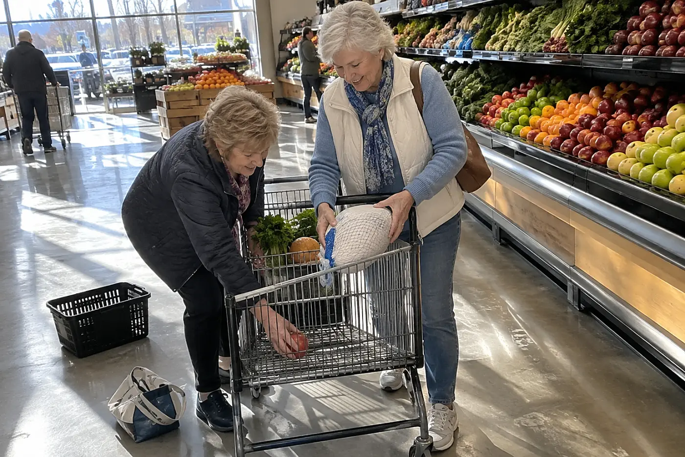 Woman places a frozen turkey breast in her grocery cart beside the produce aisle.