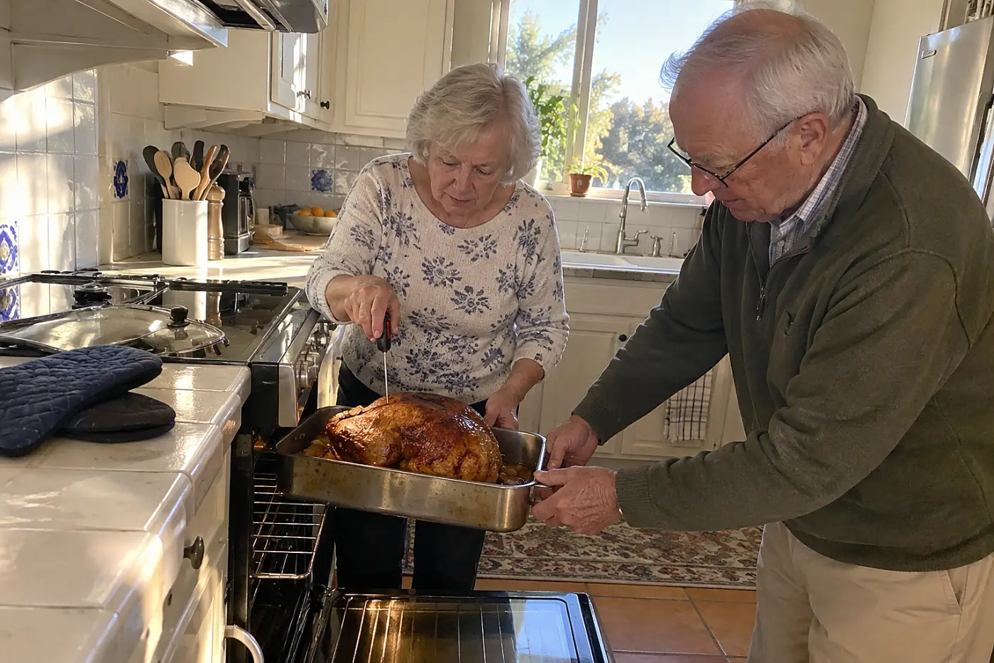 Woman checks a reheated turkey breast with a thermometer beside an open oven.