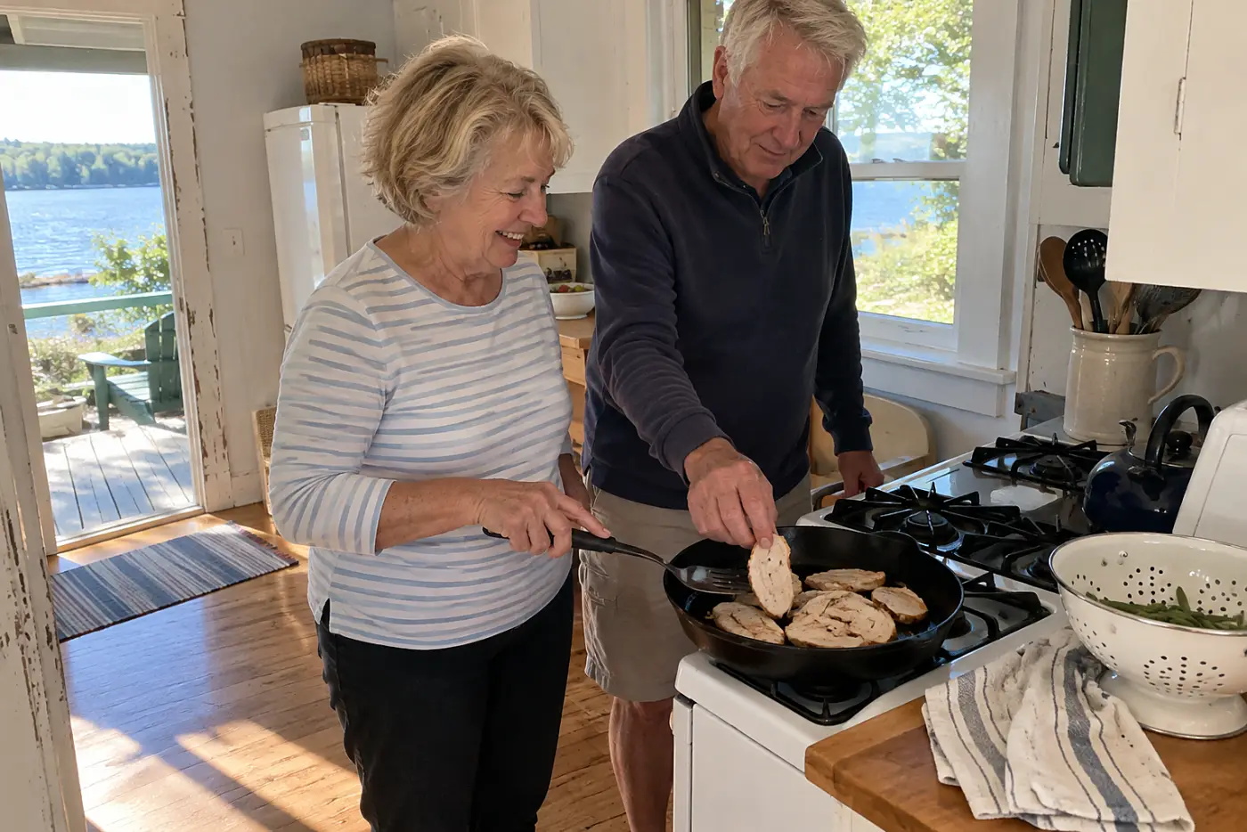 Woman warms cooked turkey slices in a skillet at a vacation cottage stove.