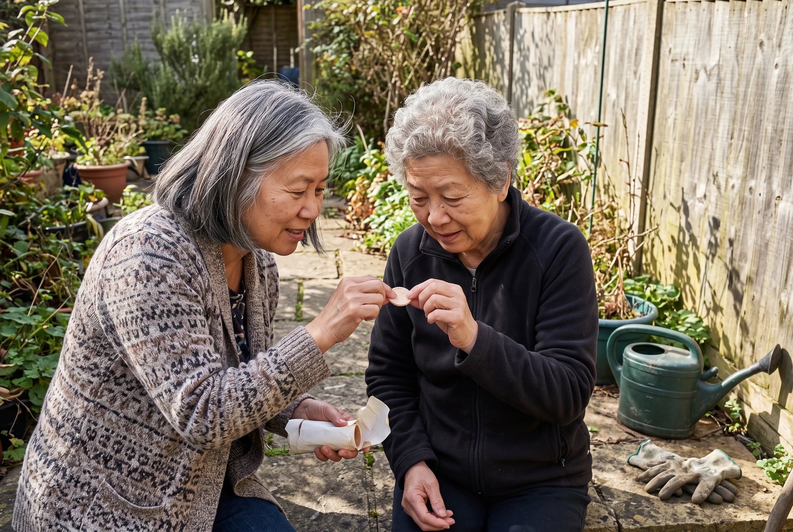 Woman passes a Necco Wafer from an open paper roll to her sister on a garden path.
