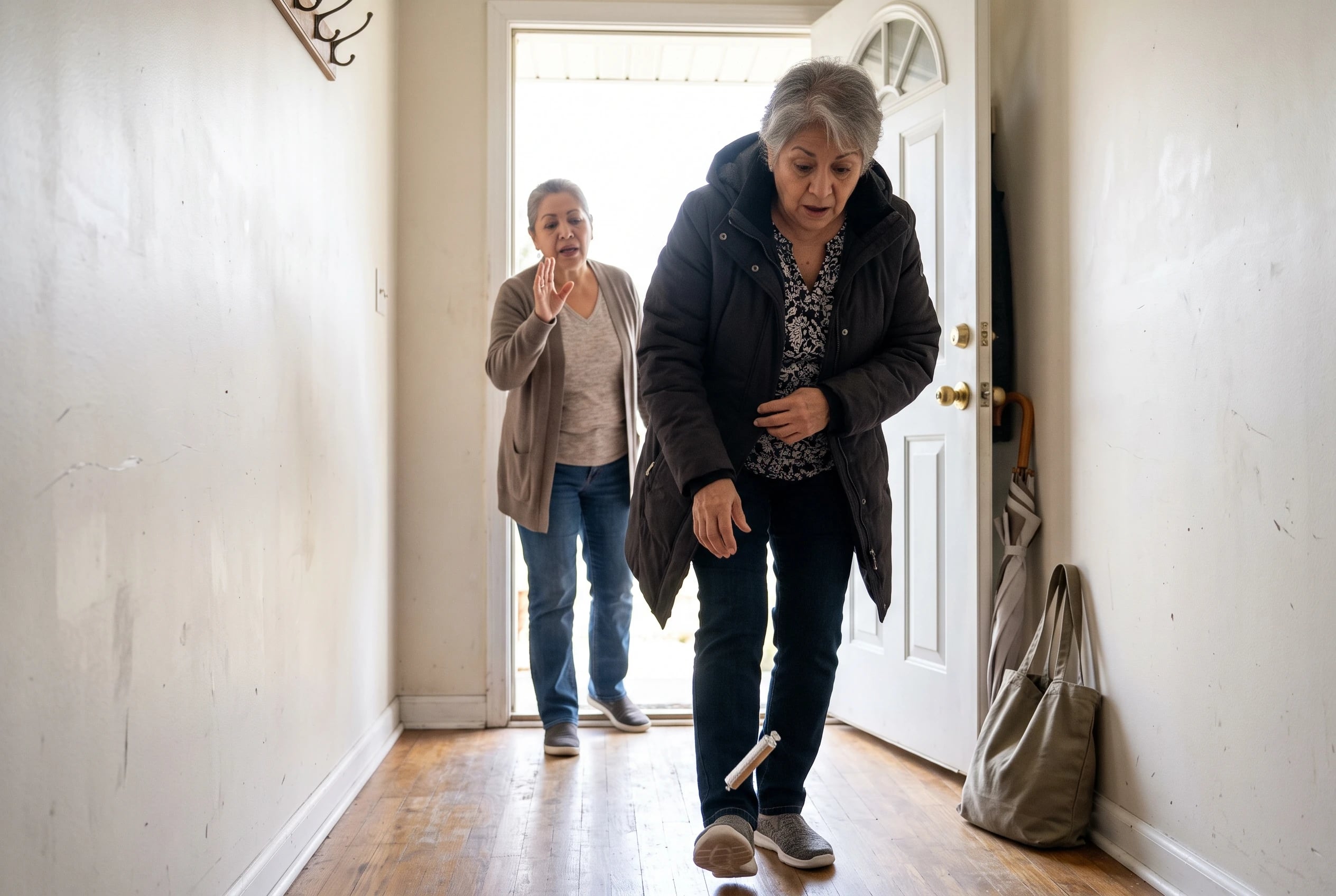 Older woman holds a Certs roll beside her coat pocket in a hallway.