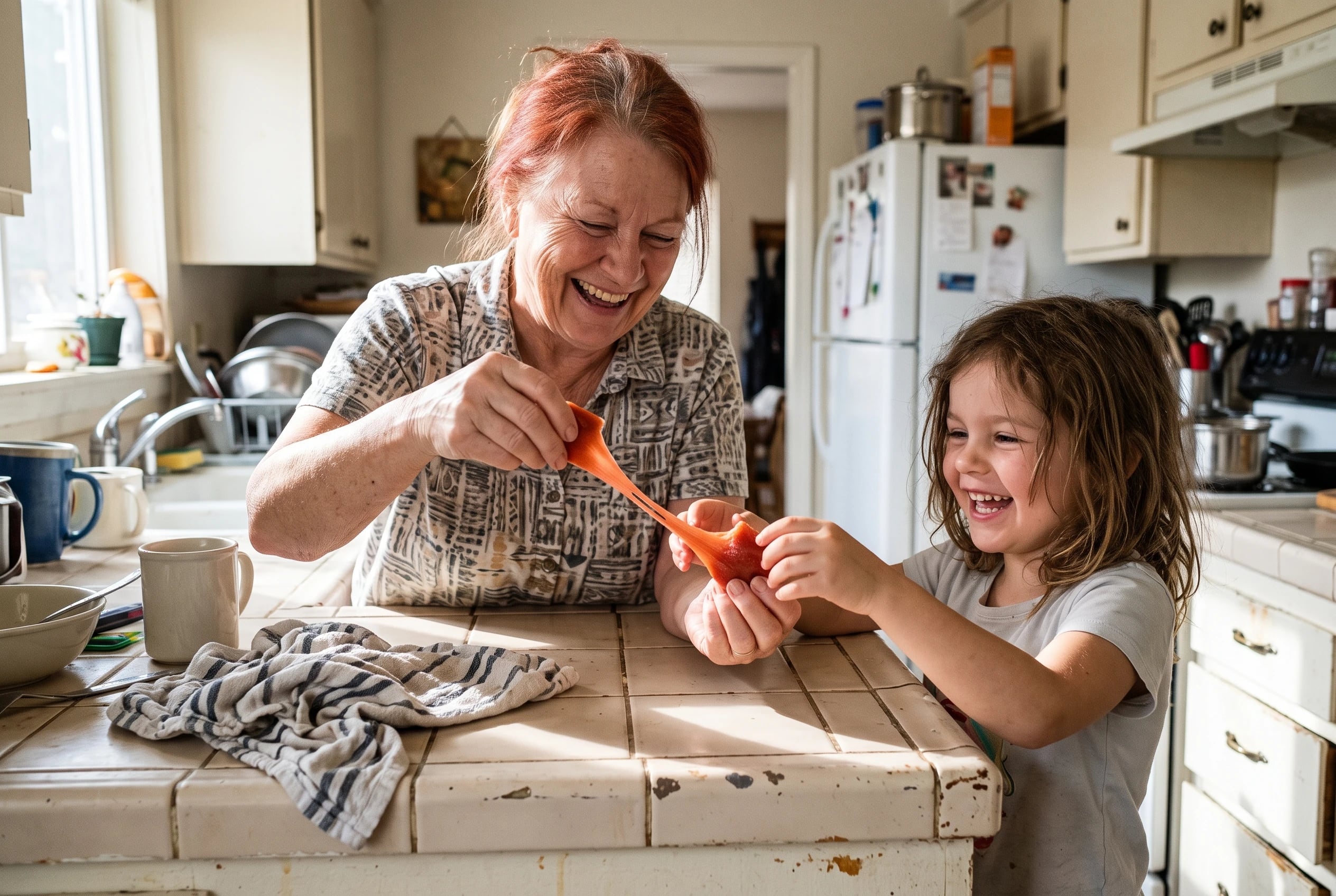 Woman breaks a Bonkers fruit chew open over a kitchen counter.