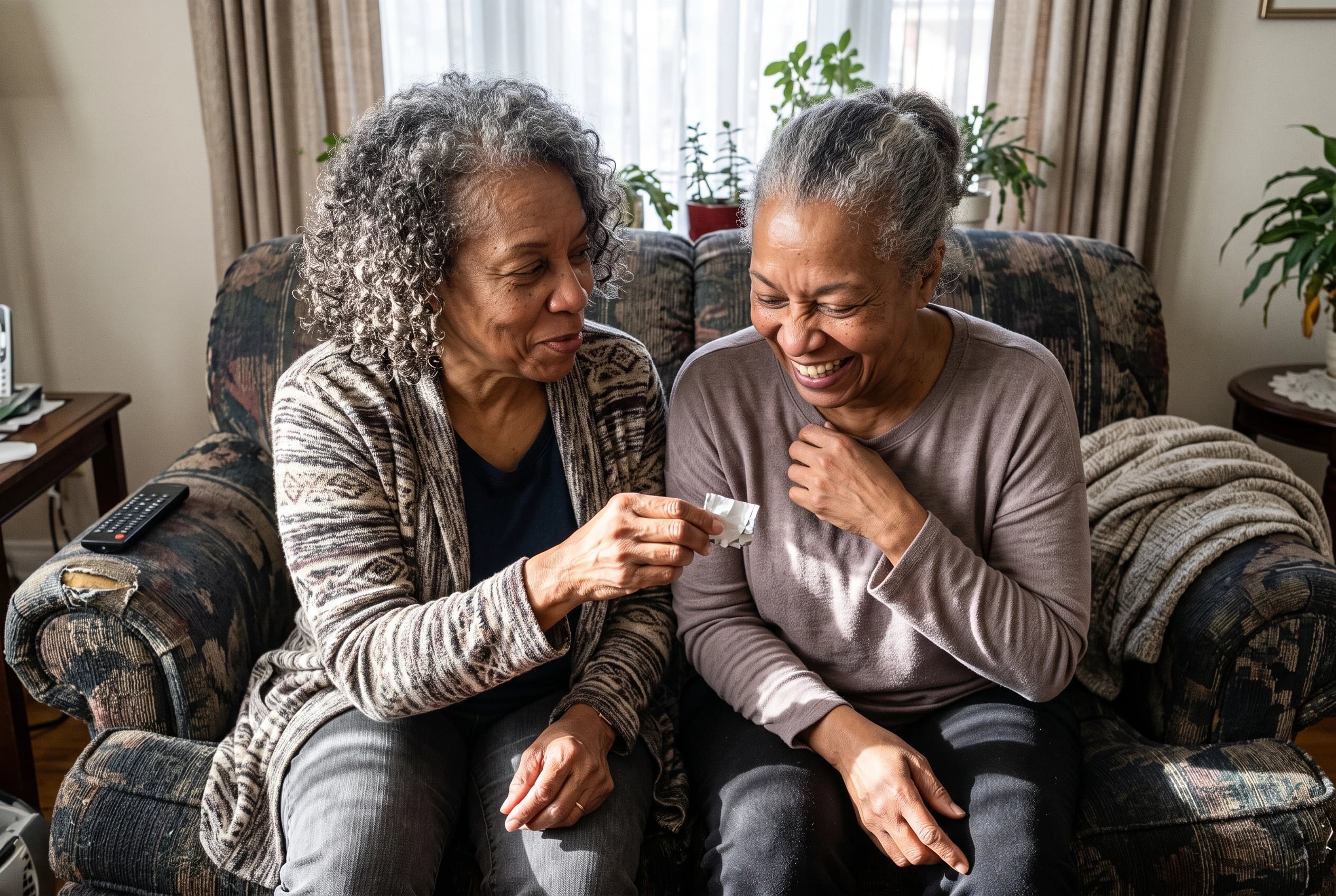 Older woman shows a Clorets gum wrapper to her sister on a sofa.
