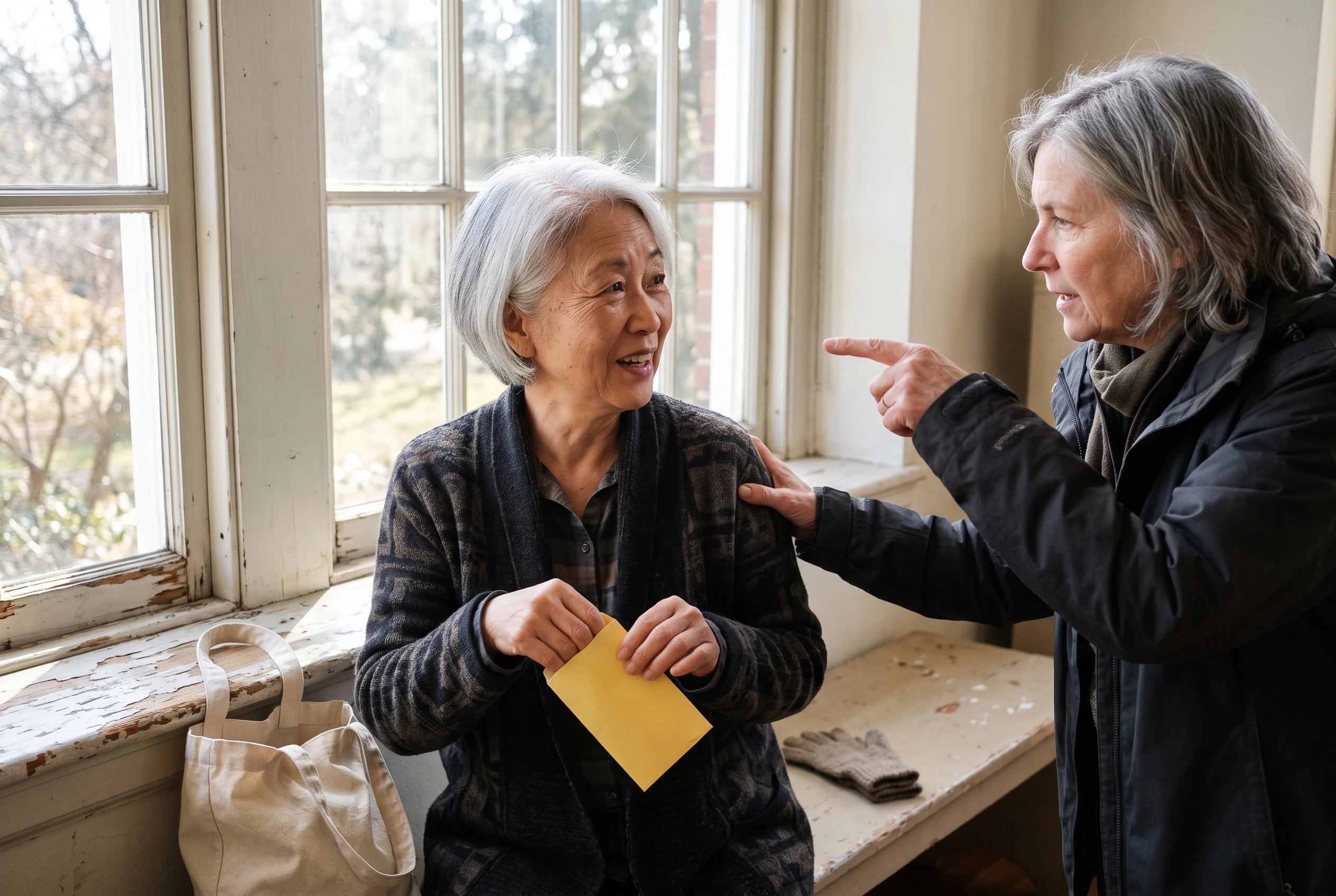 Woman holds a yellow Beech-Nut Peppermint gum package by a library window.