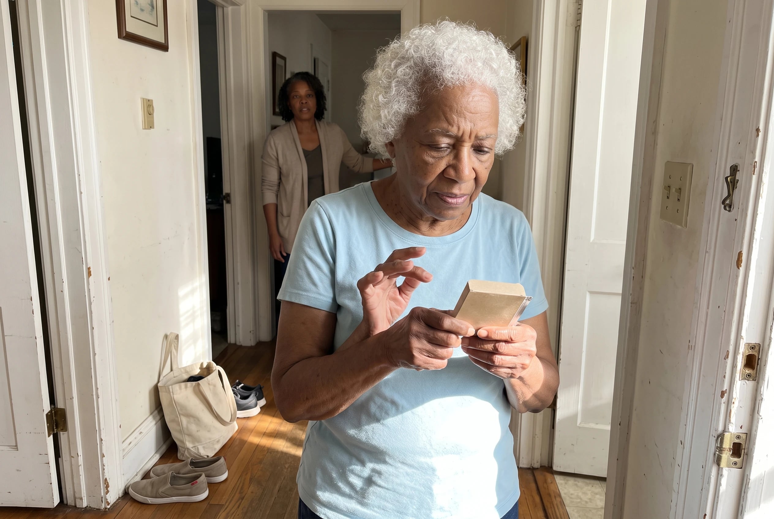 Older woman turns a Beeman’s Pepsin gum pack over in a hallway.
