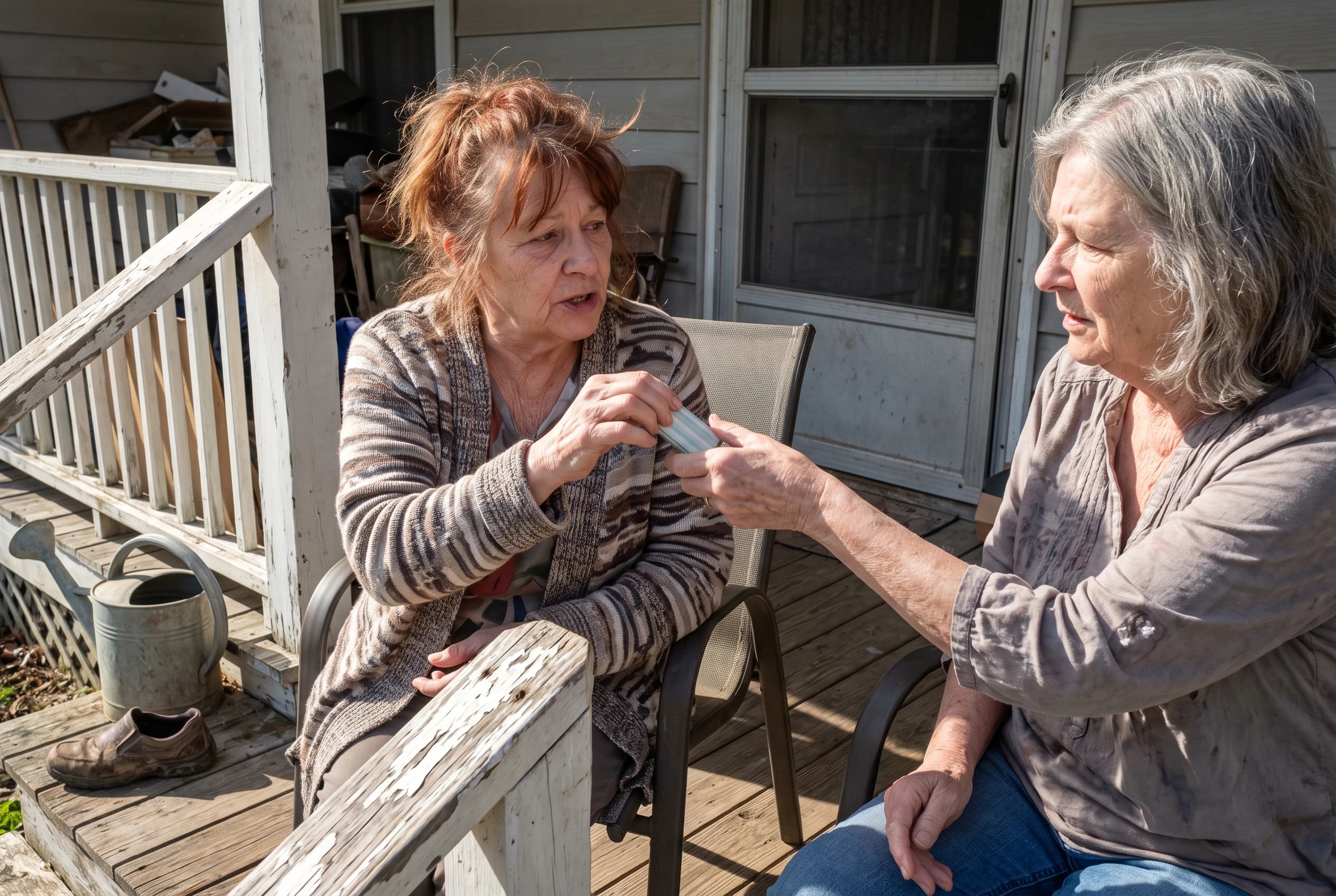 Older woman holds a Fruit Stripe gum pack up to her sister on a front porch.