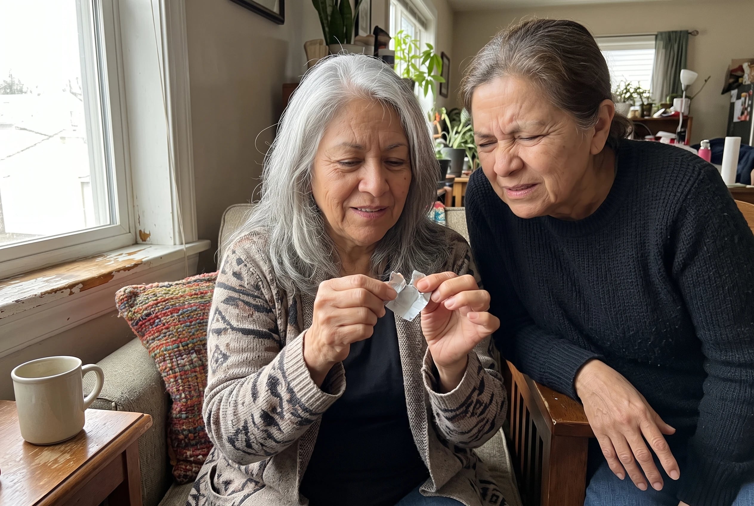 Older woman unfolds a Bazooka comic wrapper beside a living-room window.