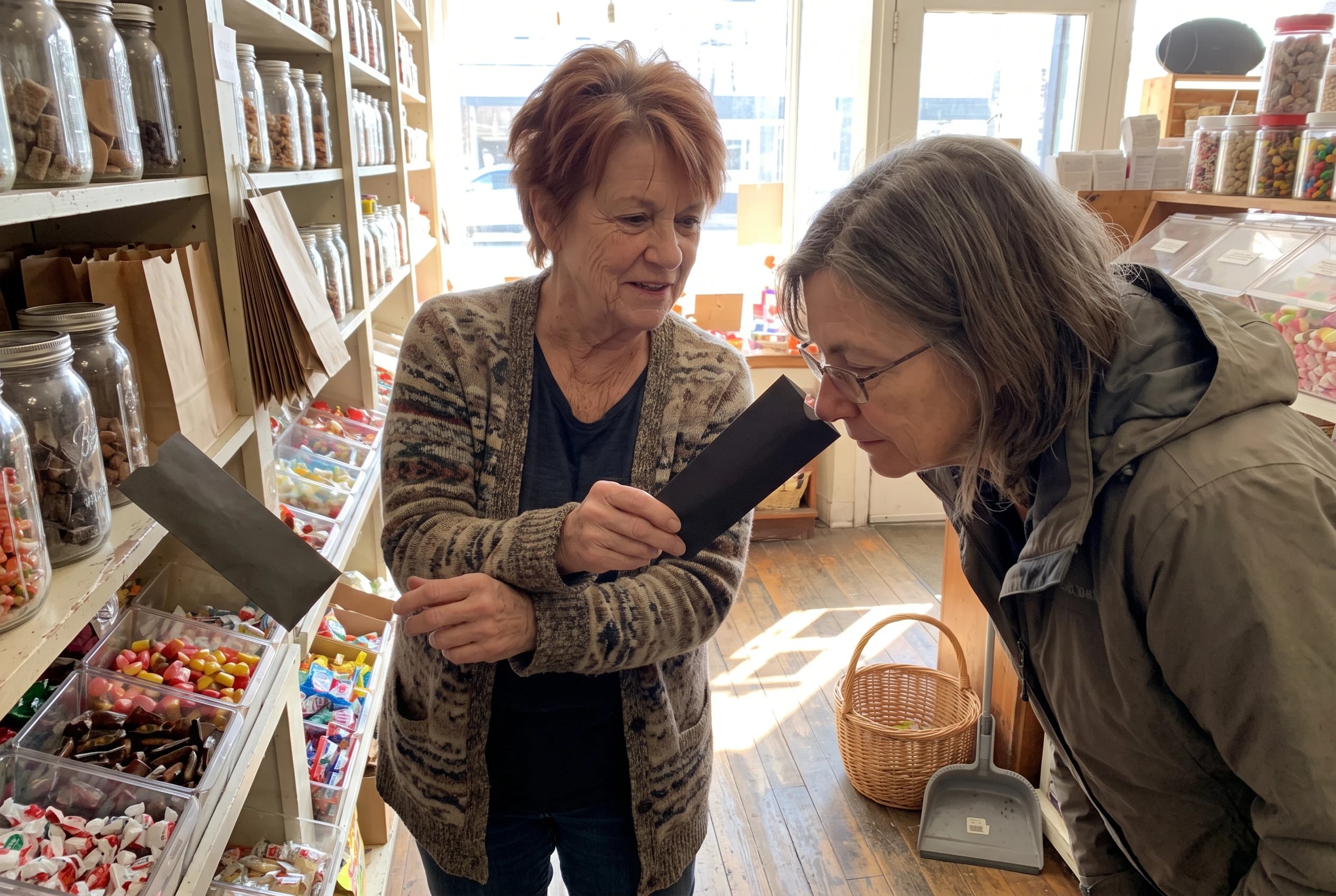Woman compares Black Jack and Clove gum packs in a candy shop aisle.