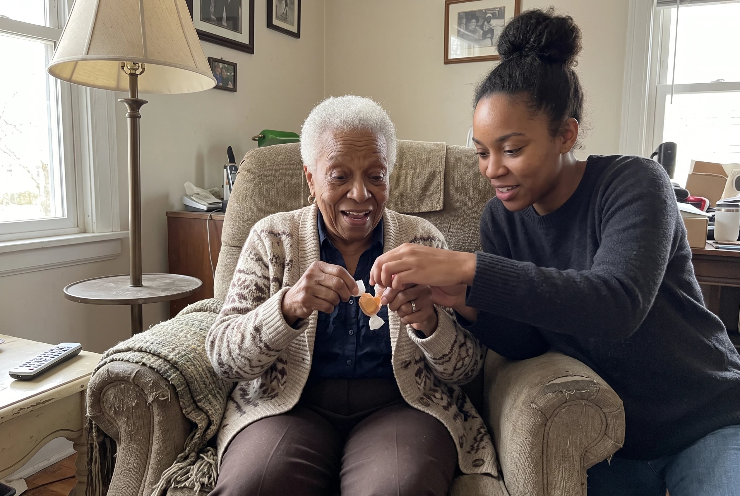 Older woman unwraps a Mary Jane taffy near a living-room lamp.