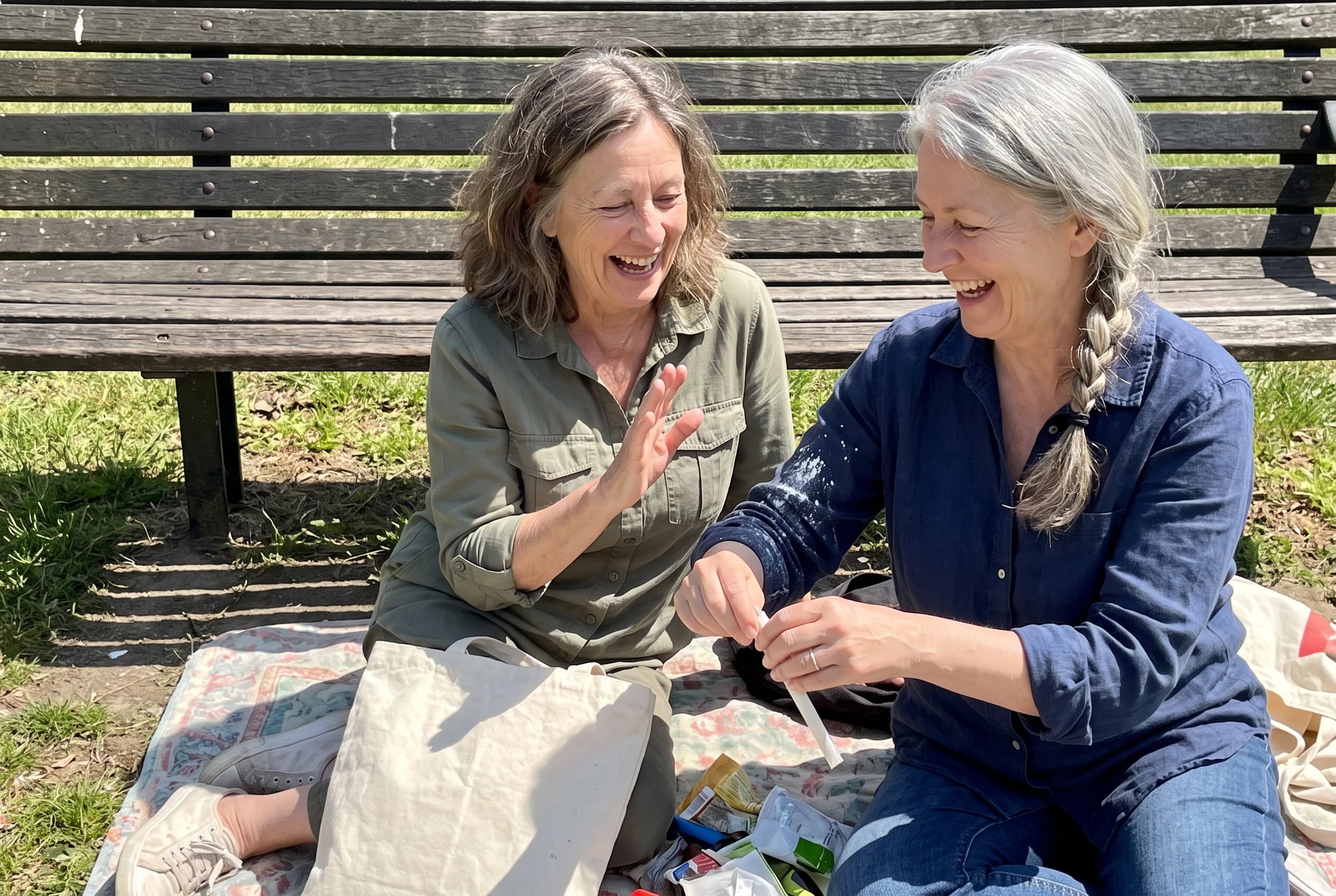 Woman opens a Pixy Stix straw beside a park bench.